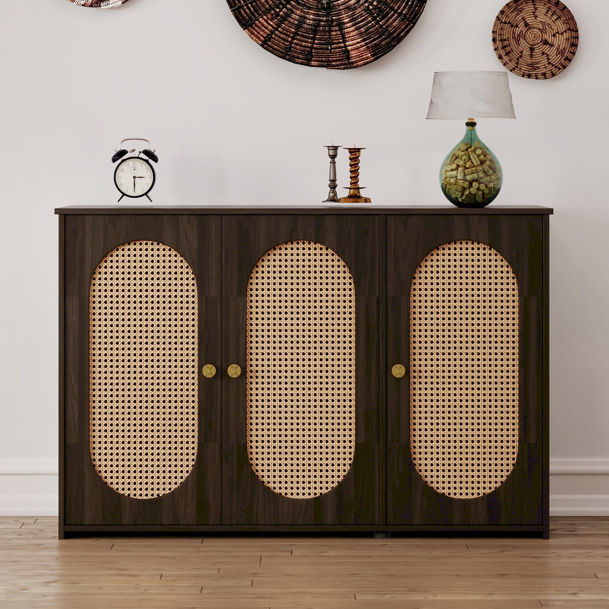 Retro 3 Door Sideboard With Large Storage Space Artificial Rattan Doors And Metal Handles, Accent Cabinet For Living Room And Hallway Brown Brown Particle Board Mdf