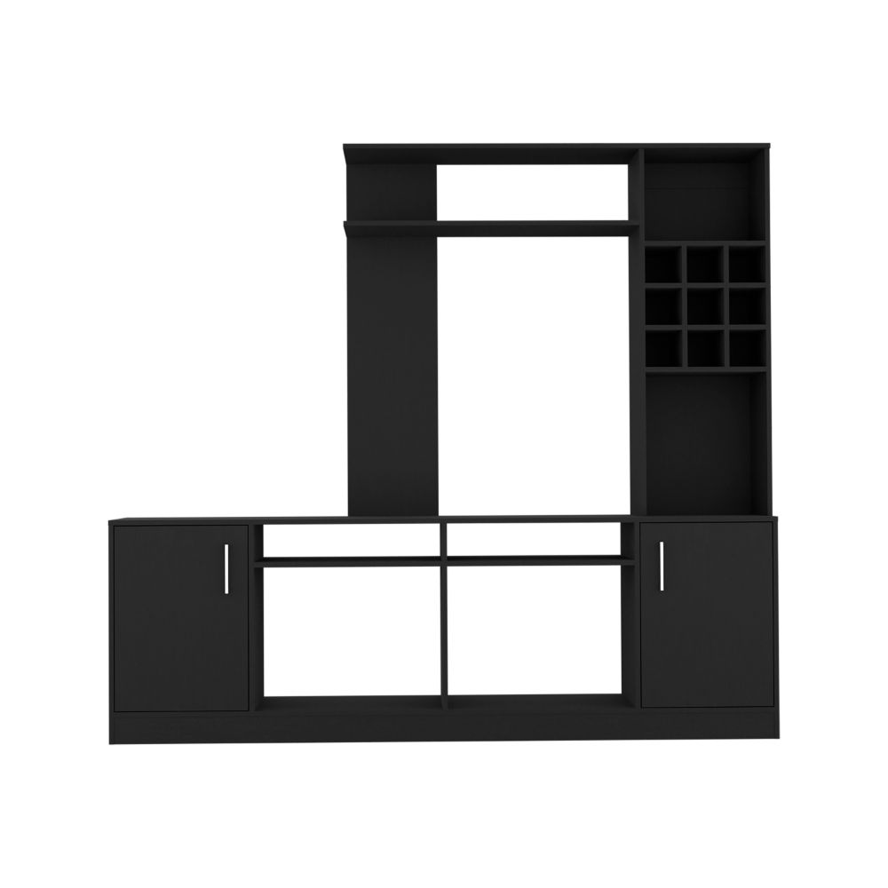 Entertainment Center For Tv S Up 78", Double Door Cabinet, Storage Spaces, Six External Shelves, Black Black 60 69 Inches Solid Wood Mdf Engineered Wood