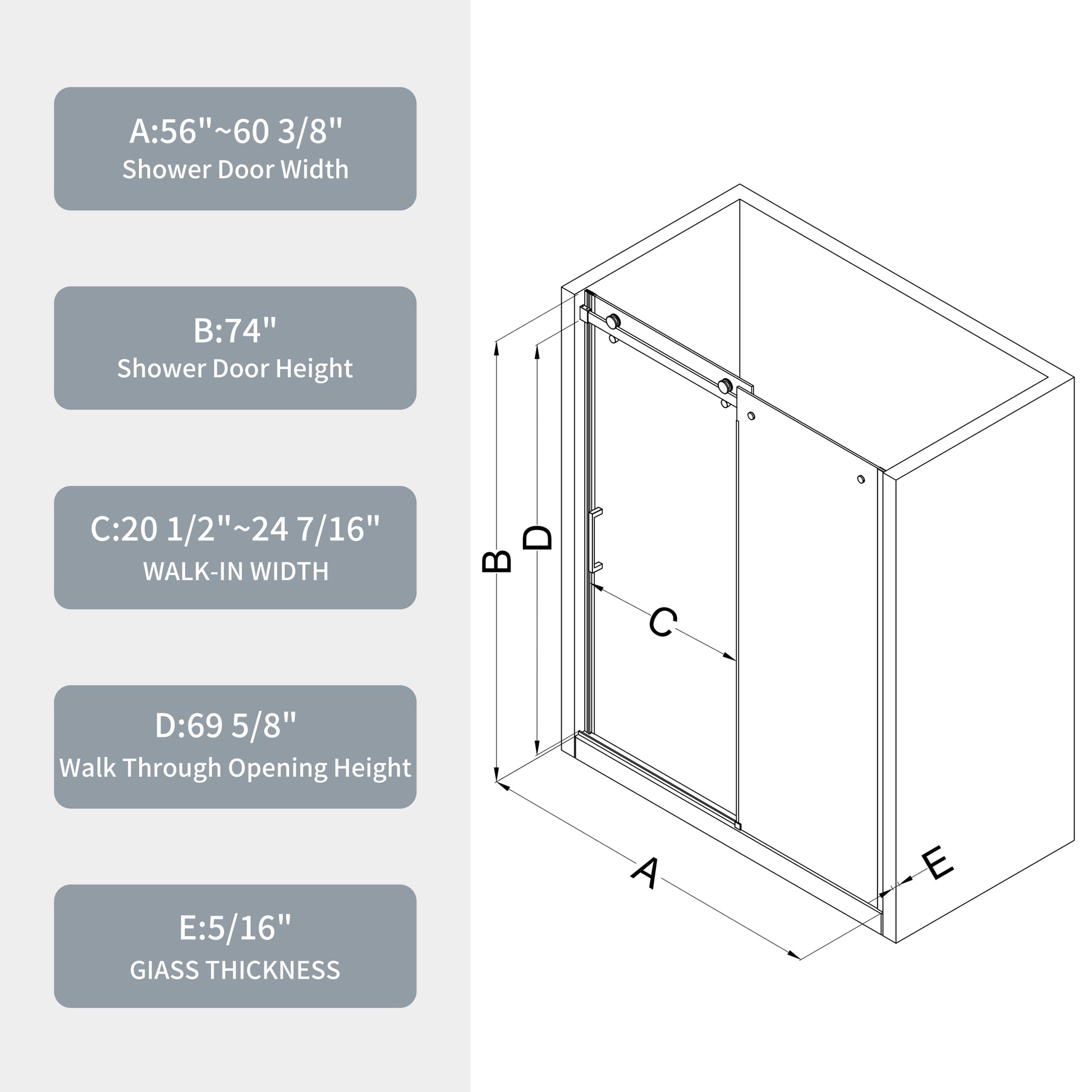 Glass Shower Door, Sliding Door, With 5 16"