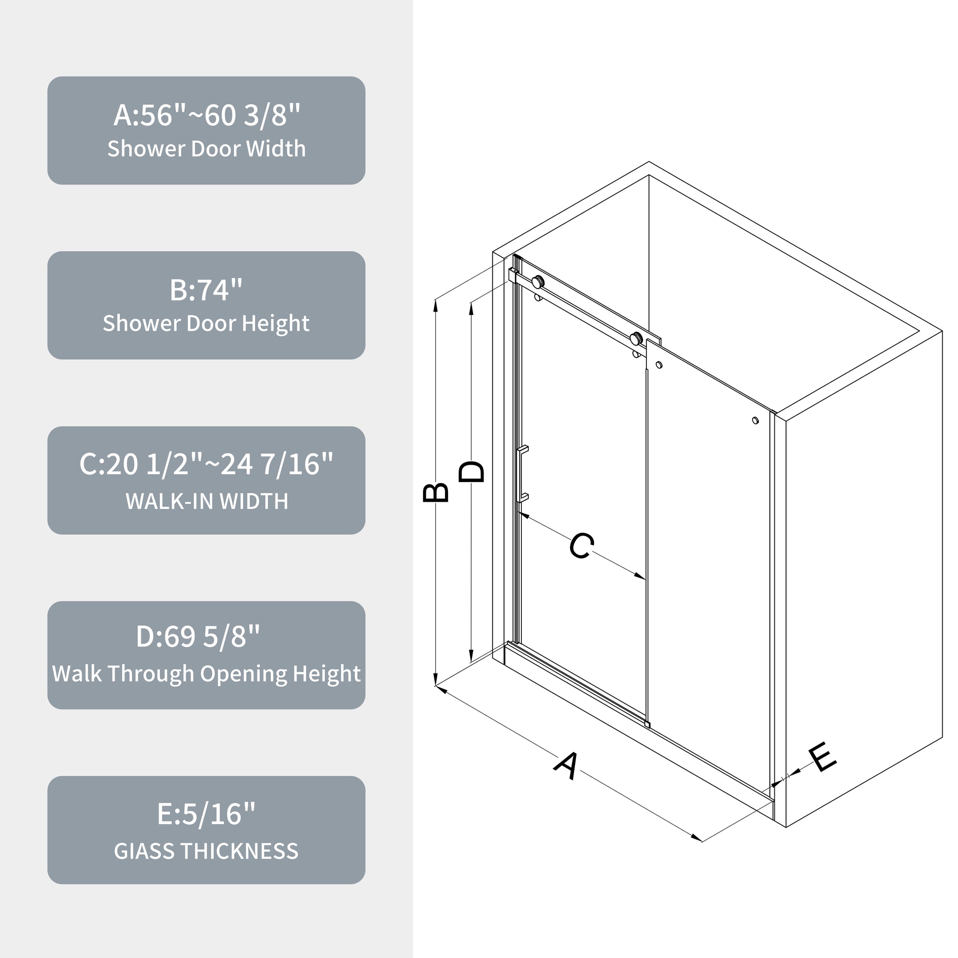 Glass Shower Door, Sliding Door, With 5 16" Tempered Glass And Matted Black Finish 4874 Matte Black Bathroom Aluminium Alloy