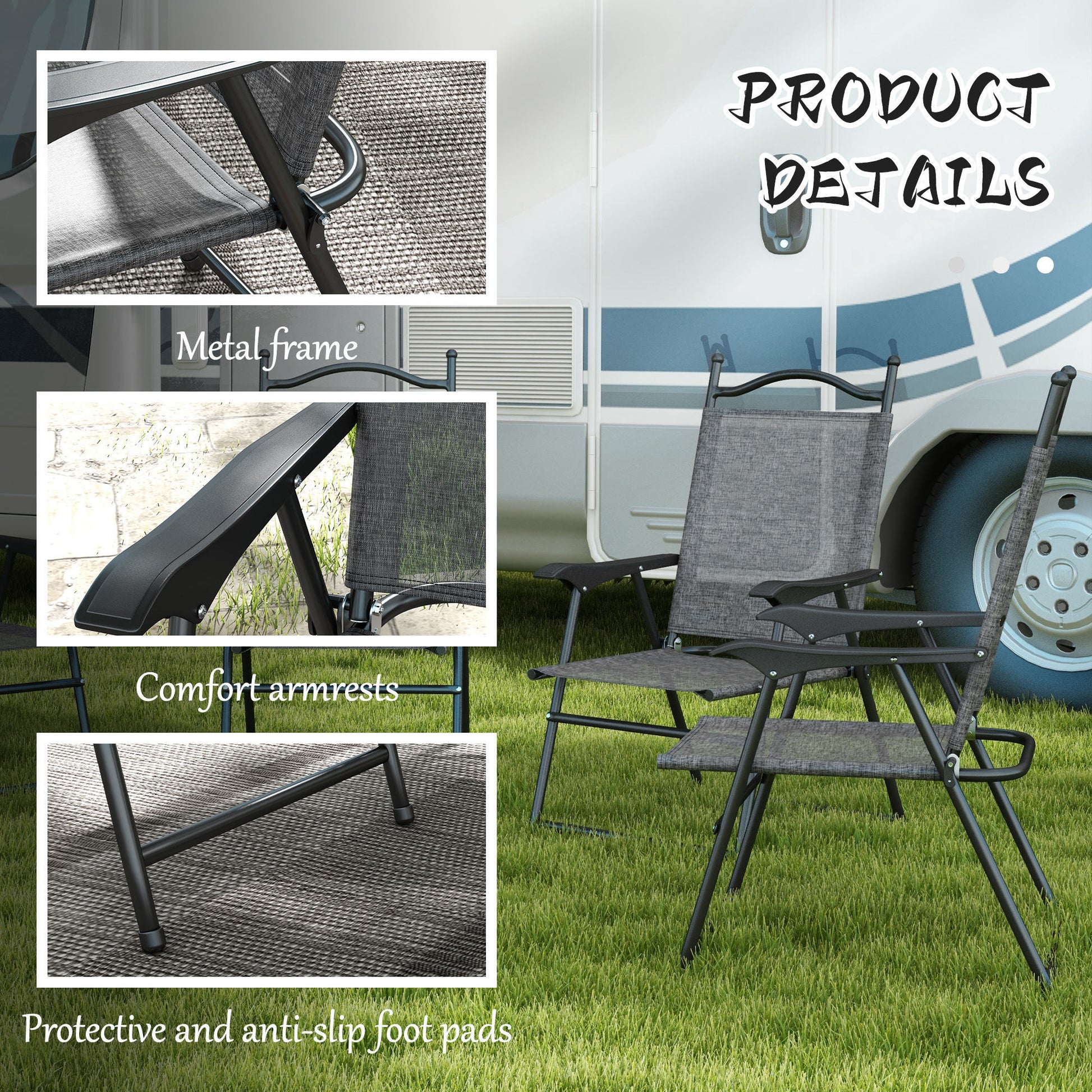 Outsunny Folding Patio Chairs, Set Of 4 Sports Chairs For Adults, Camping Chairs With Armrests,Mesh Fabric Seat For Lawn, Gray Gray Metal