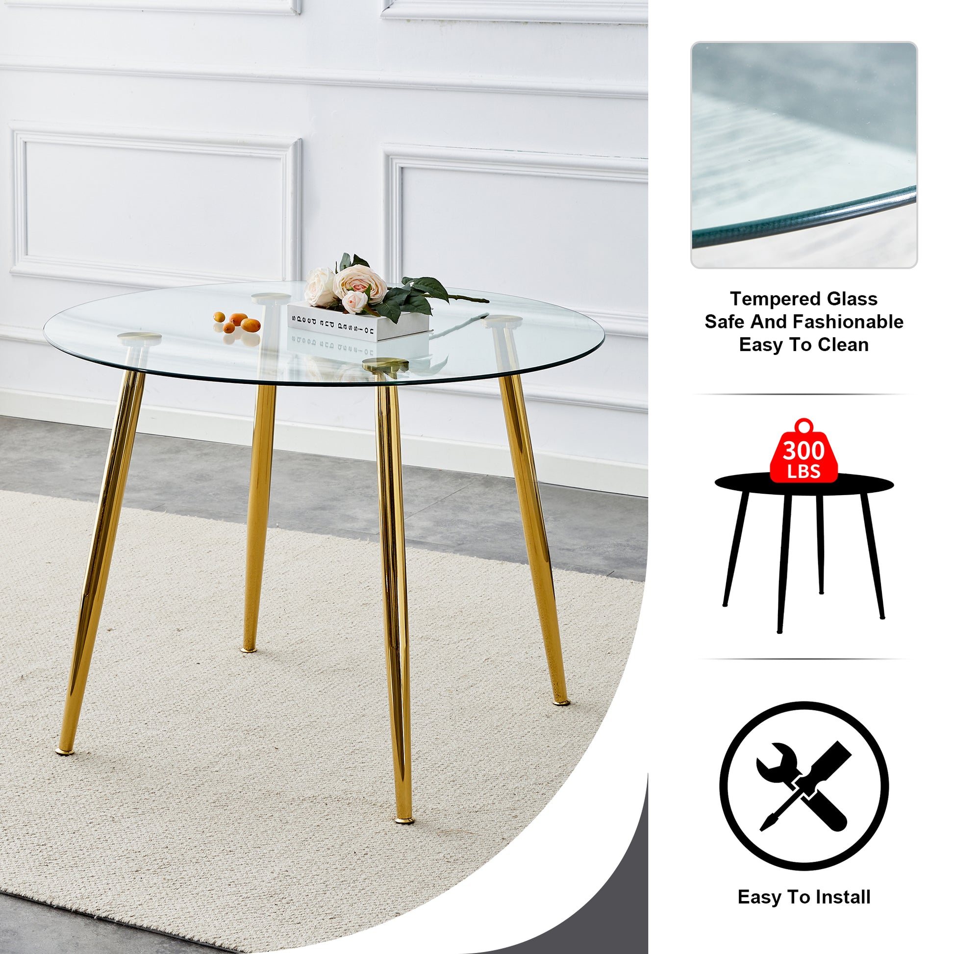 1 Table And 4 Chairs, A Modern Minimalist Circular Dining Table With A 40 Inch Black Imitation Marble Glass Tabletop And Gold Plated Metal Legs, And 4 Modern Gold Plated Metal Leg Chairs. Black Gold Seats 4 Glass