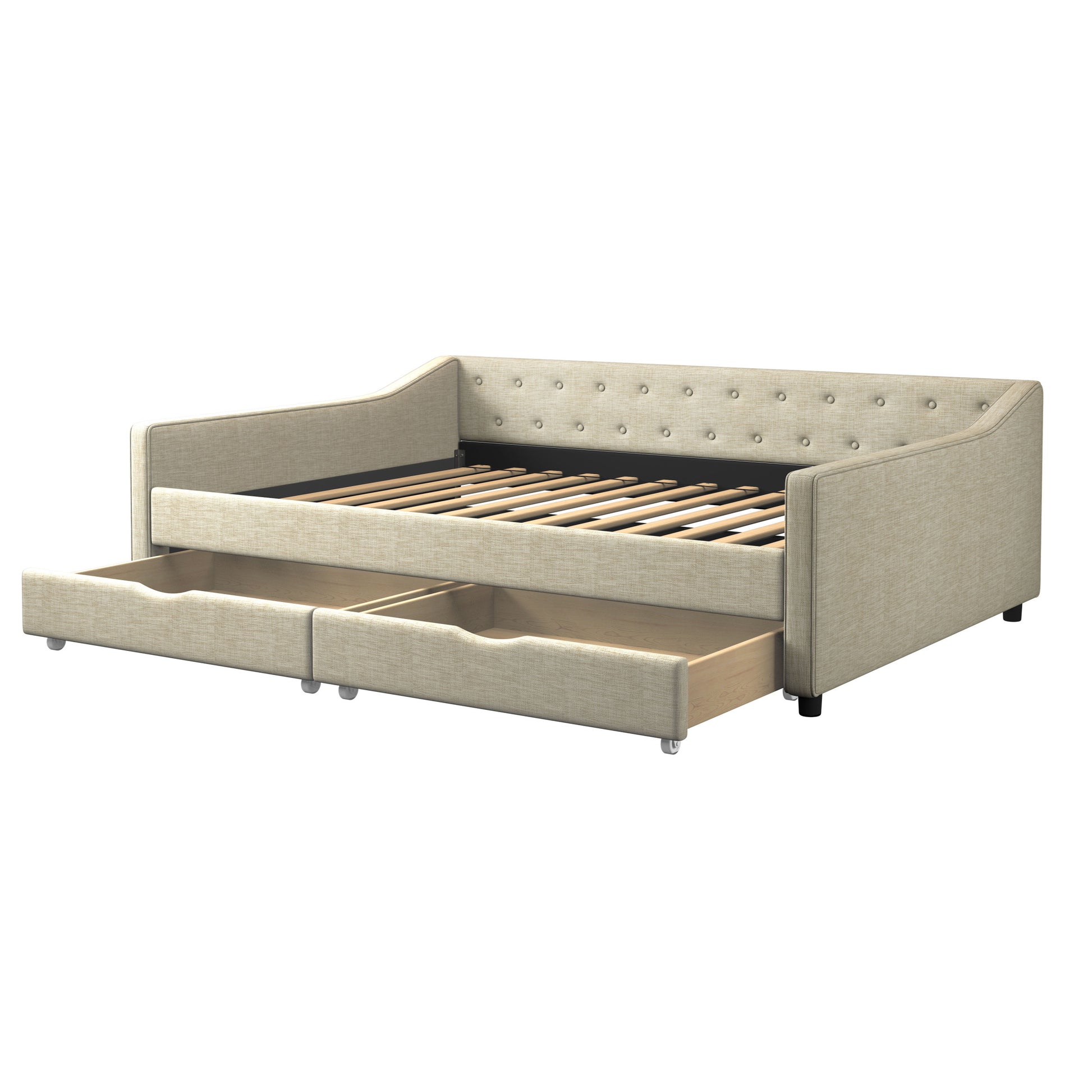 Full Size Daybed With Drawers Upholstered Tufted Sofa Bed, With Button On Back And Piping On Waved Shape Arms Beige Full Beige Wood Fabric