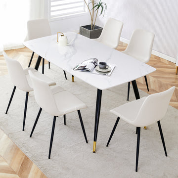 Table And Chair Set, White Imitation Marble Texture Rock Board Table Top, Black Metal Table Legs.Paired With 6 White Artificial Leather Backrest Cushion Dining Chairs With Black Metal Legs. White Black Seats 6 Metal