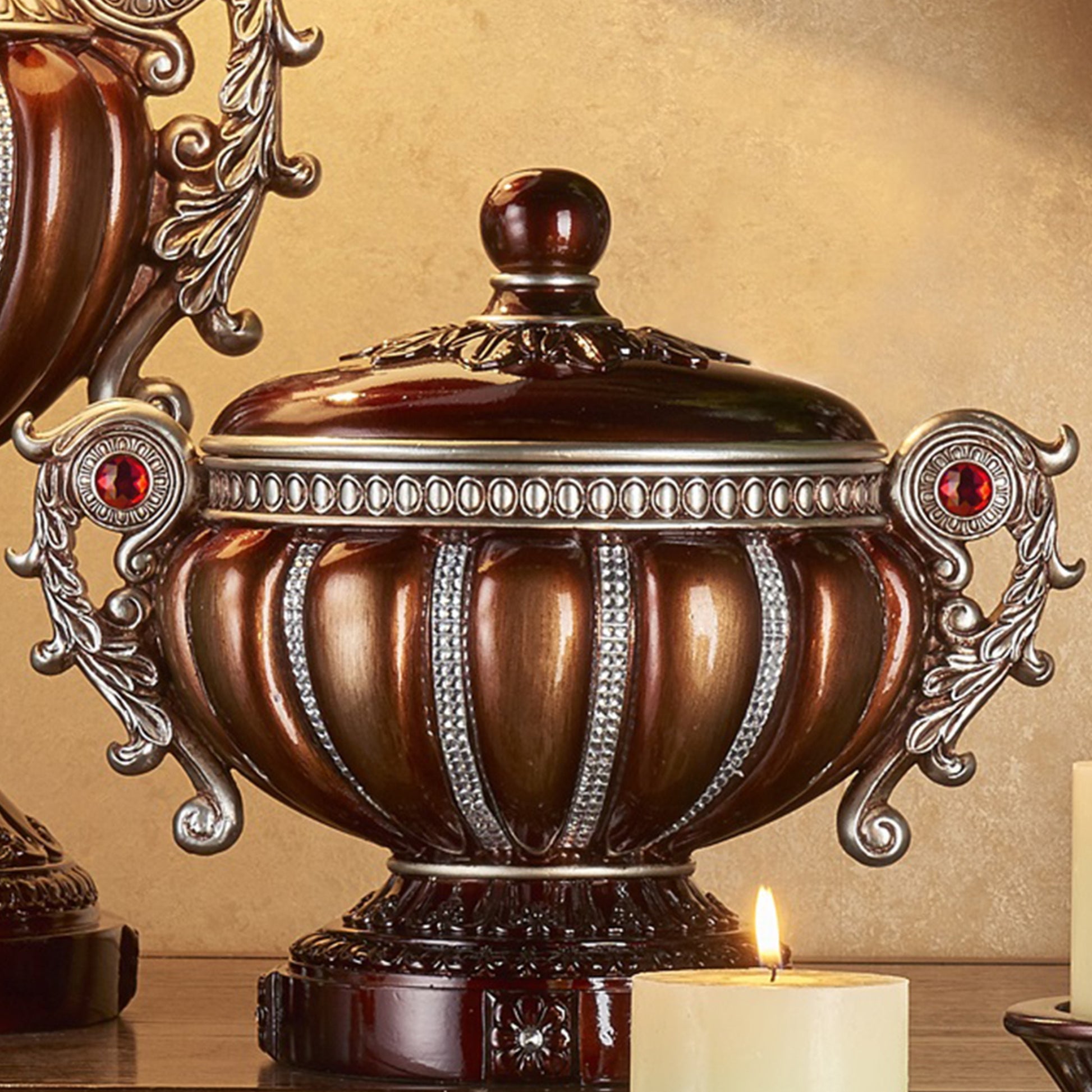 11.5" Tall" Delicata" Decorative Jewelry Box, Reddish Bronze With Silver Accents Bronze Polyresin