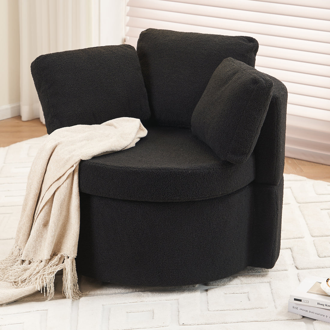 029 Teddy Fabric Swivel And Storage Chair With Back Cushion For Living Room,Black Black Primary Living Space Modern Foam Teddy