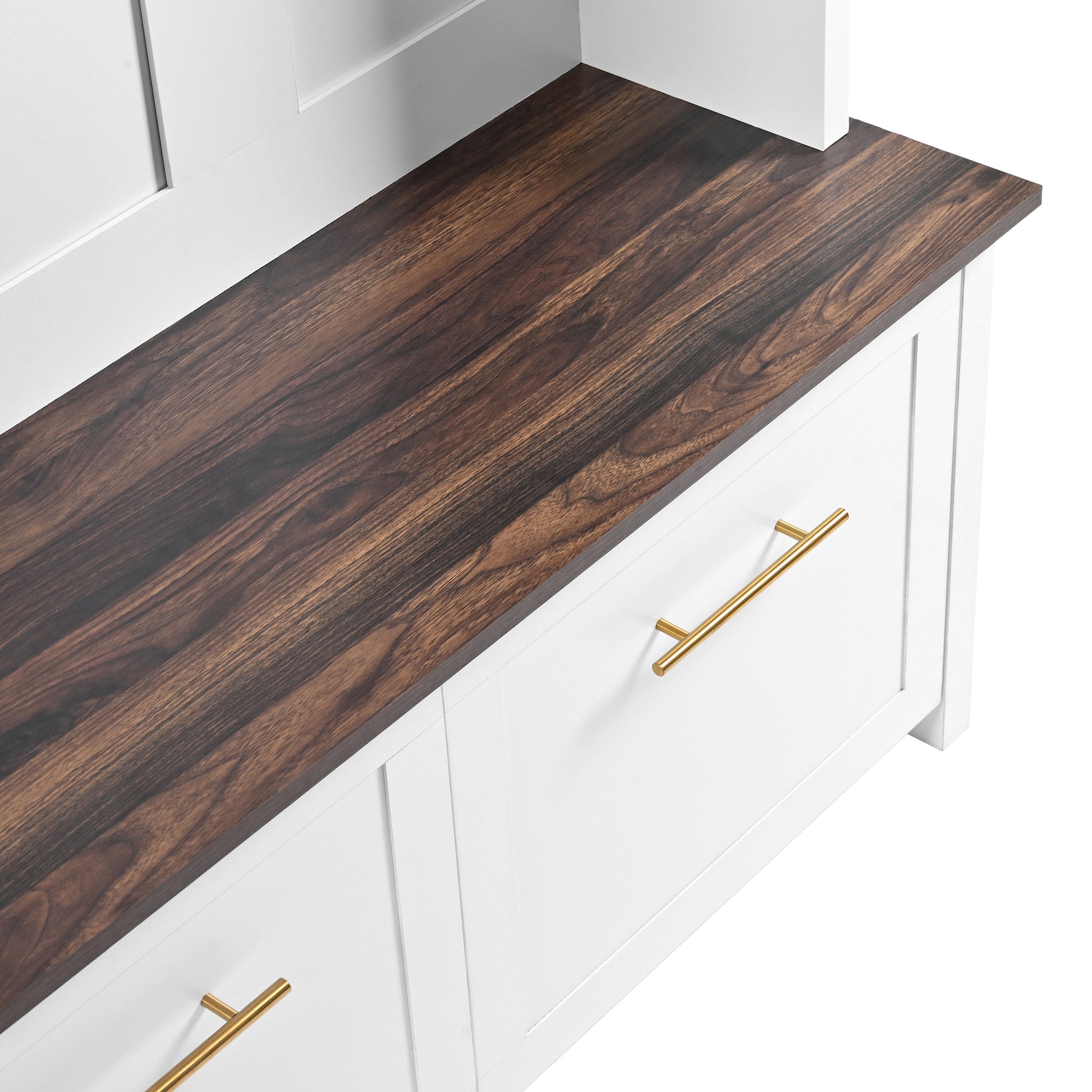 Versatile 4 In 1 Hall Tree With 6 Golden Hooks, Brown Wood Grain Bench With Multiple Storage Space, Entryway Coat Rack With 2 Drawers For Living Room, Hallway, White, 47.2''W*76.6''H White Primary