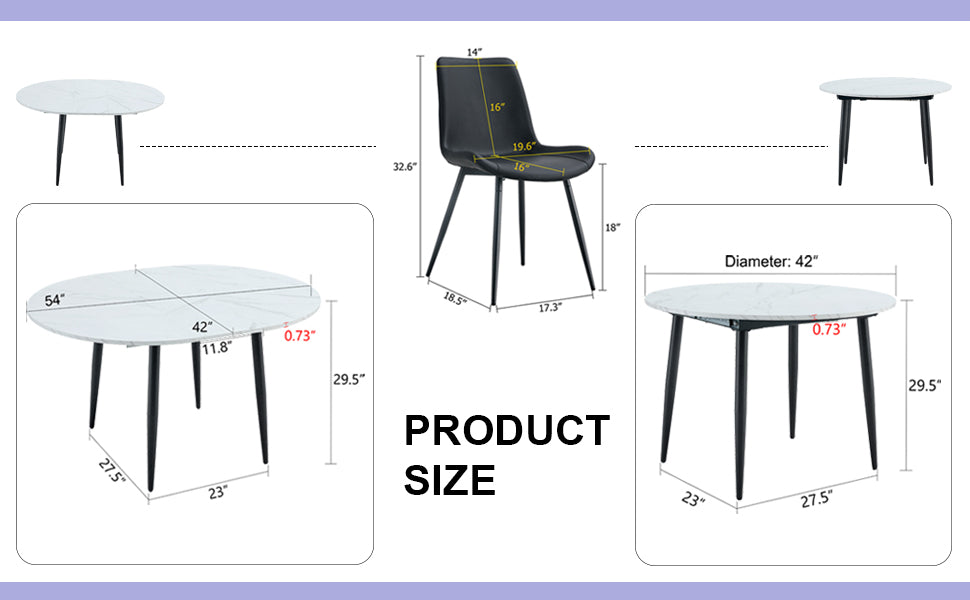 Table And Chair Set.Modern Extendable Mdf Dining Table.The Table Has A Telescopic Design, Suitable For Gatherings Of Different Size.Paired With 4 Chairs With Pu Cushions And Black Metal Legs. Black,White Seats 4 Mdf Metal