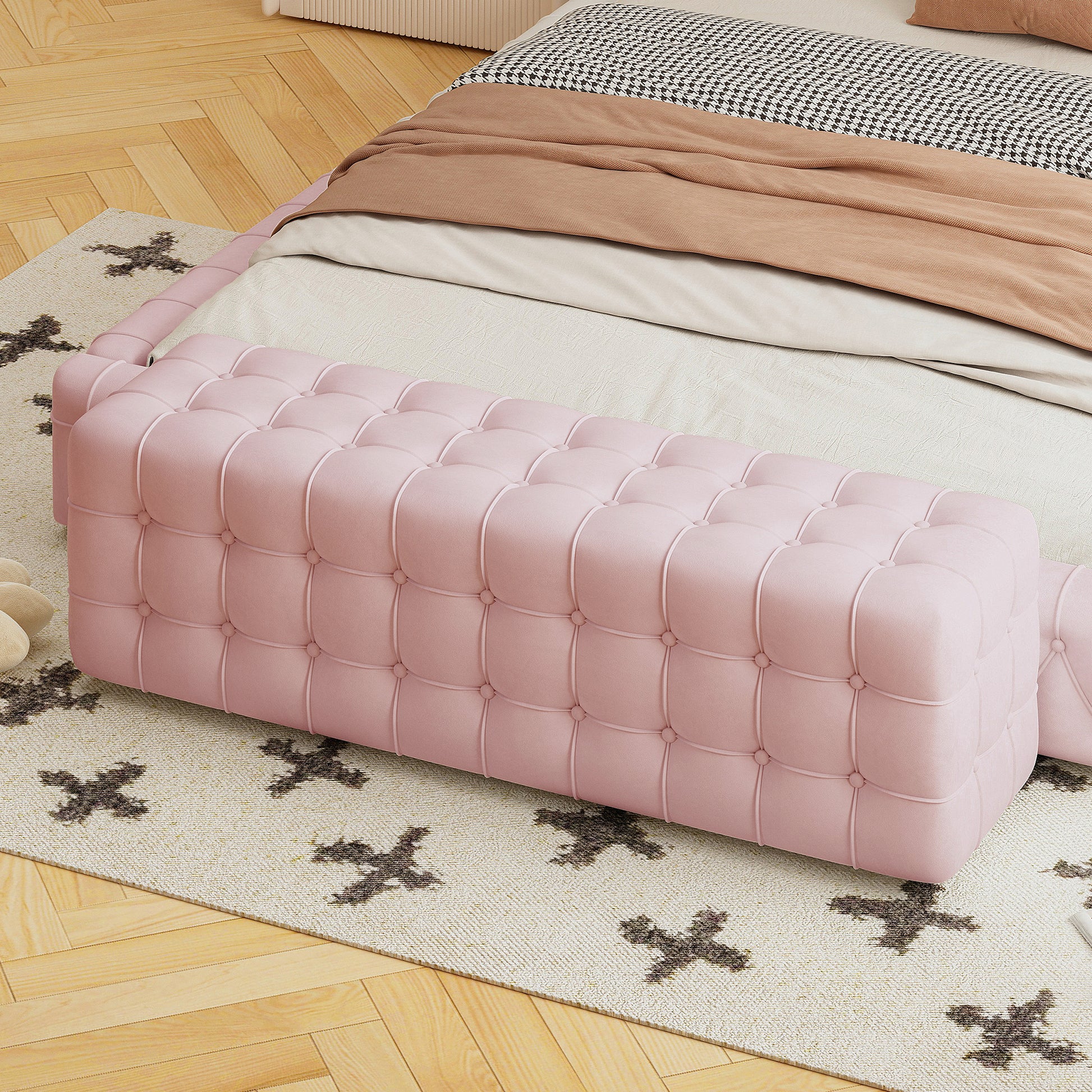 All Covered Velvet Upholstered Ottoman, Rectangular Footstool, Bedroom Footstool, No Assembly Required, Elegant And Luxurious, Pink Pink Mdf