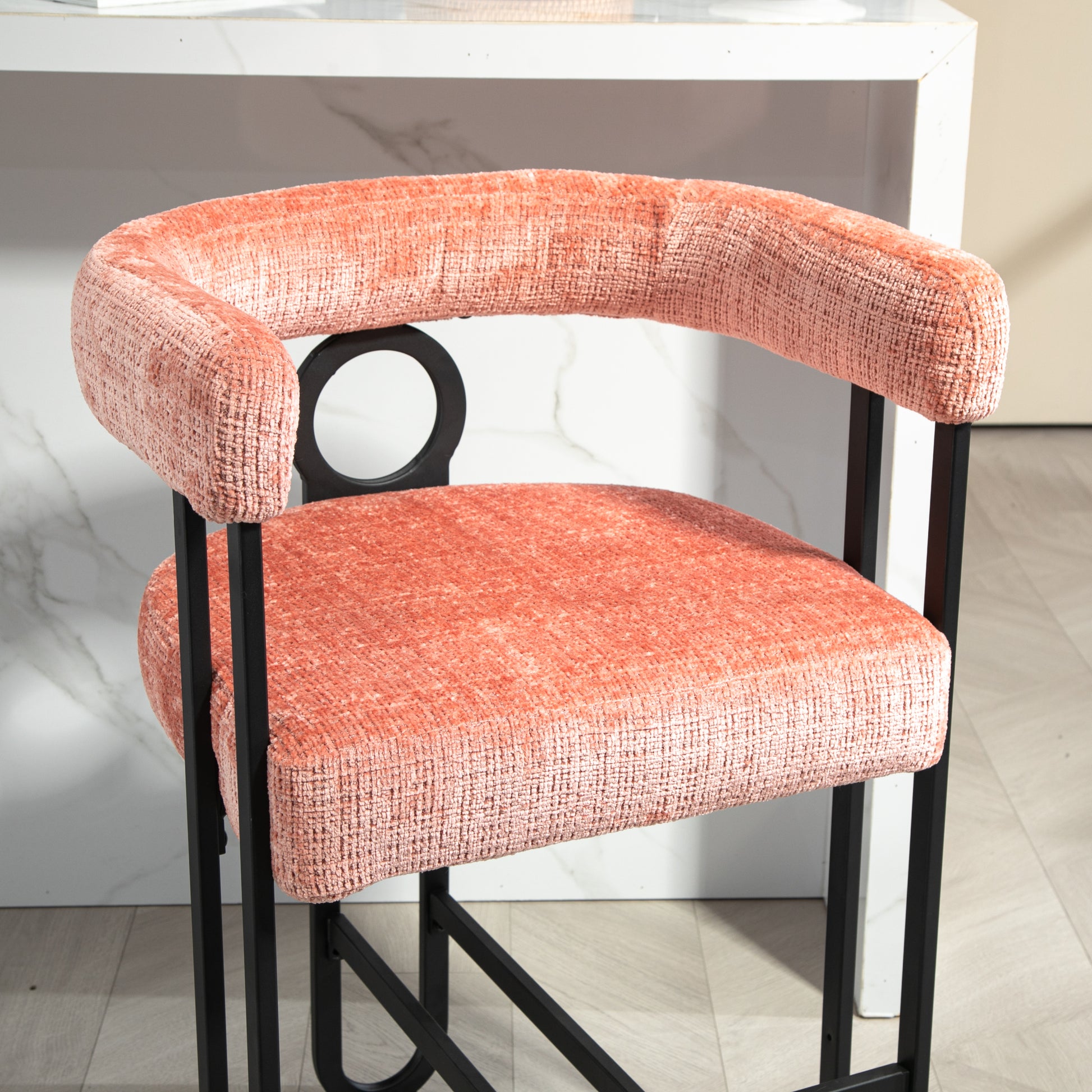 Coolmore Bar Stools Set Of 2, Modern Bar Stool With Back, Black Metal Frames, Upholstered Bar Stools For Kitchen Island, Pub, Club Pink Chenille Pink Dining Room Foam Chenille