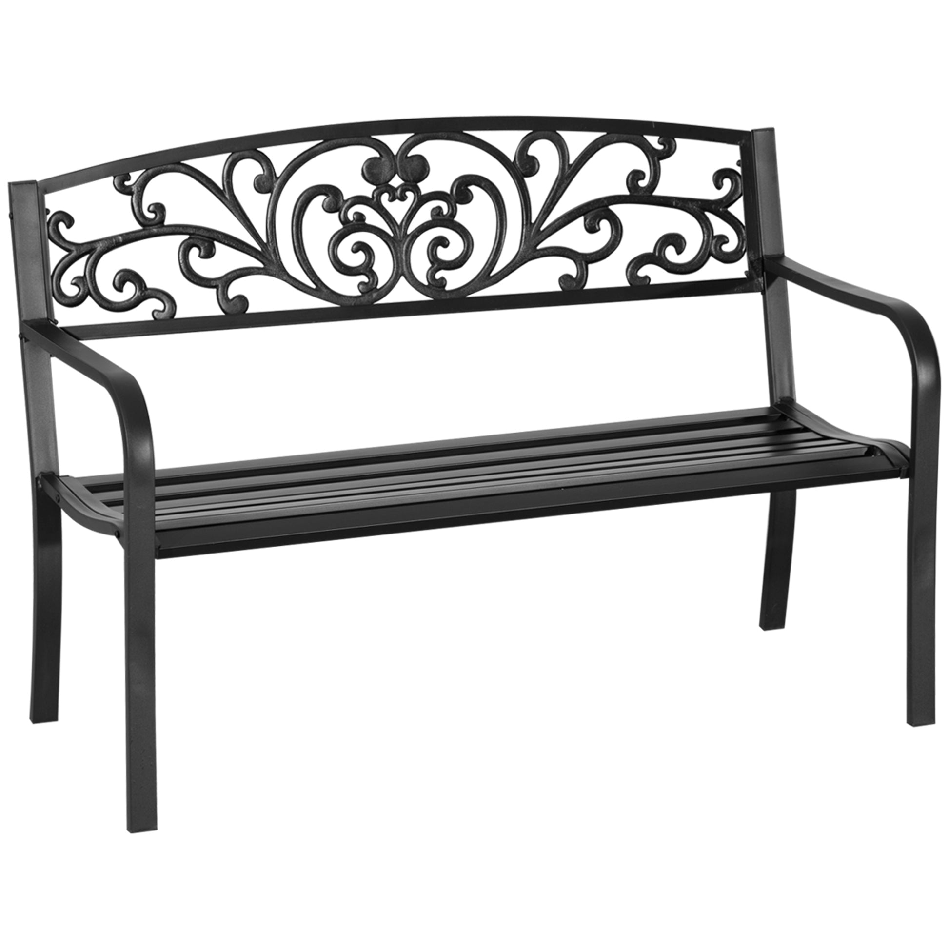 Outsunny 50" Outdoor Bench, Metal Garden Bench With Floral Pattern Backrest, Porch Bench With Slatted Seat For Park, Yard, Lawn, Black Black Iron