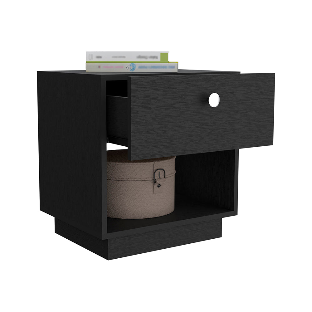 Paris 1 Drawer Nightstand, Open Lower Shelf Black Bedroom Rectangle Modern Shelving Particle Board Engineered Wood