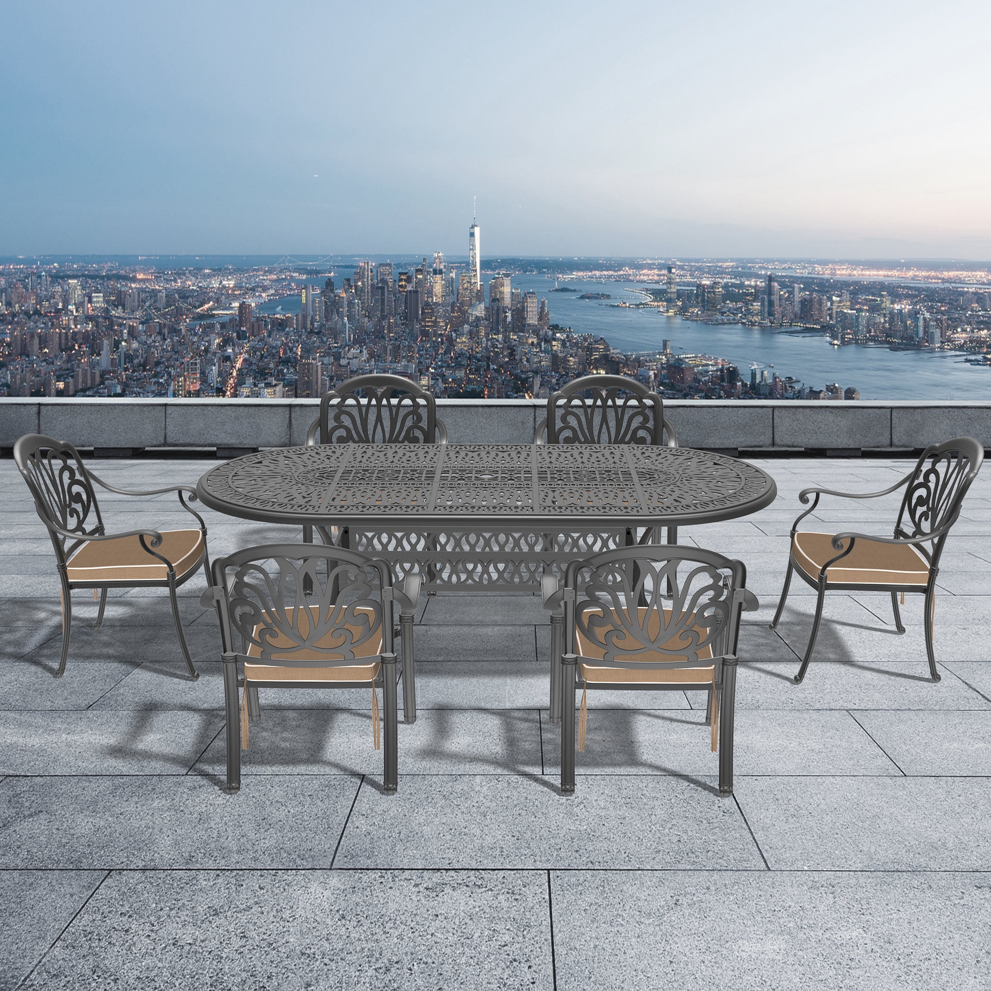 Cushions In Random Colors 7 Piece Set Of Cast Aluminum Patio Furniture With Cushions Yes Dining Set Black Seats 6 Rust Resistant Frame Water Resistant Cushion Garden & Outdoor Complete Patio Sets Aluminium