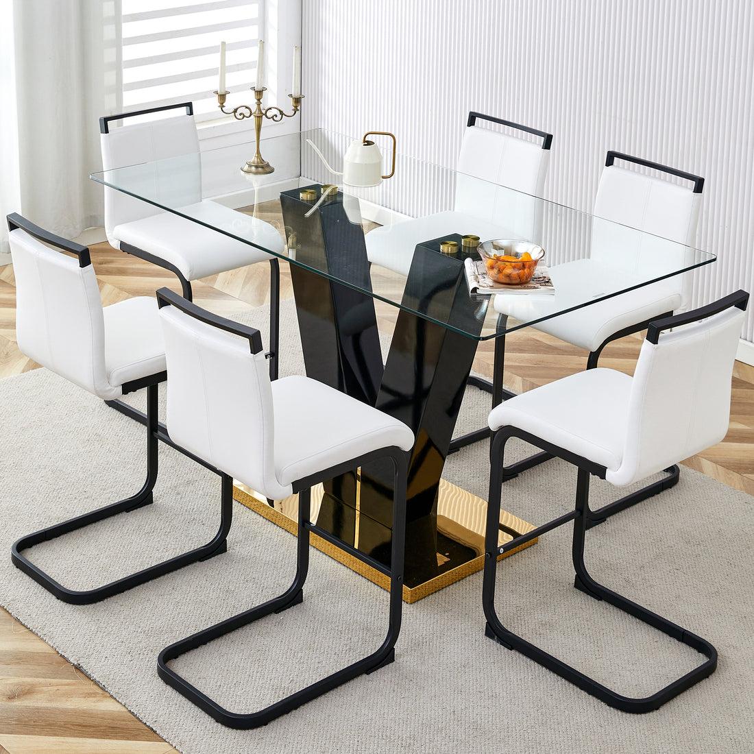 Table And Chair Set. A Rectangular Glass Dining Table With A 0.4 Inch Tempered Glass Tabletop And Mdf Board V Shaped Bracket, Paired With Chairs Consisting Of Pu Seat Cushions And Black Metal Legs. White Black Seats 6 Tempered Glass