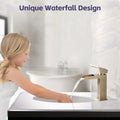 Waterfall Bathroom Faucet Brushed Gold Single Handle Bathroom Sink Faucets 1 Or 3 Hole Solid Vanity Faucet With Deck Plate & Overflow Pop Up Drain Brushed Gold One Brushed Gold Deck Mounted Bathroom Gold Stainless Steel