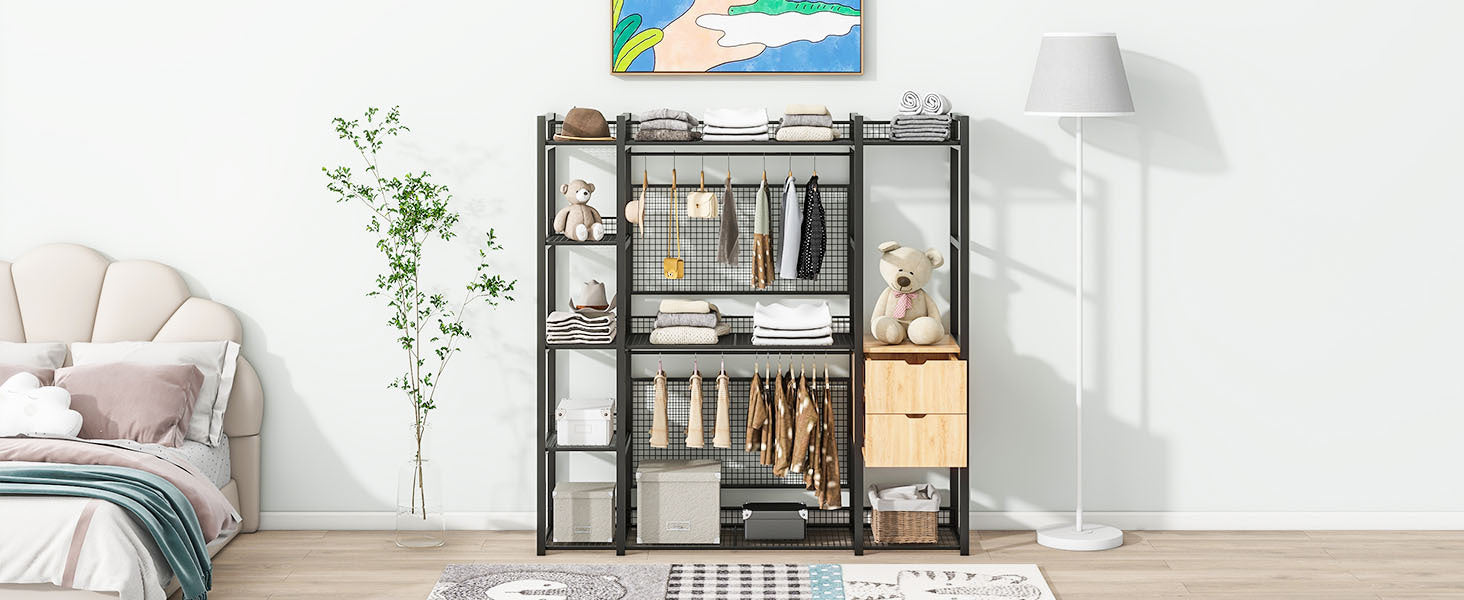 Open Style Wardrobe With Hanging Rails, Shelves And Drawers, Black Black Metal & Wood