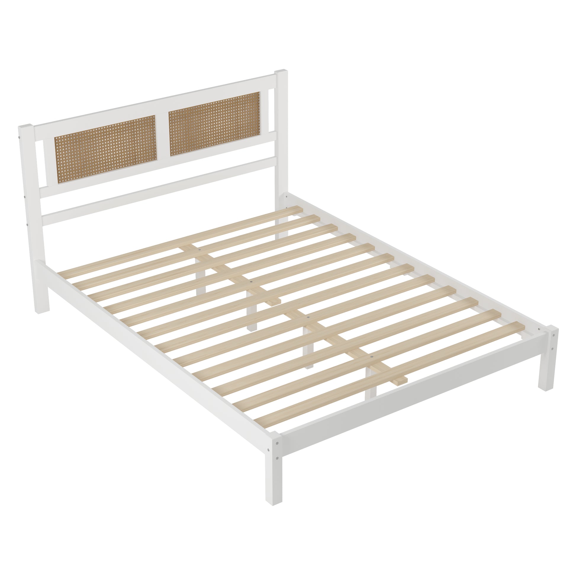 3 Pieces Bedroom Sets Queen Size Wooden Platform Bed With Natural Rattan Headboard, Nightstands Set Of 2 With Rattan Woven Surfaces And Three Drawers For Bedroom, White White Particle Board