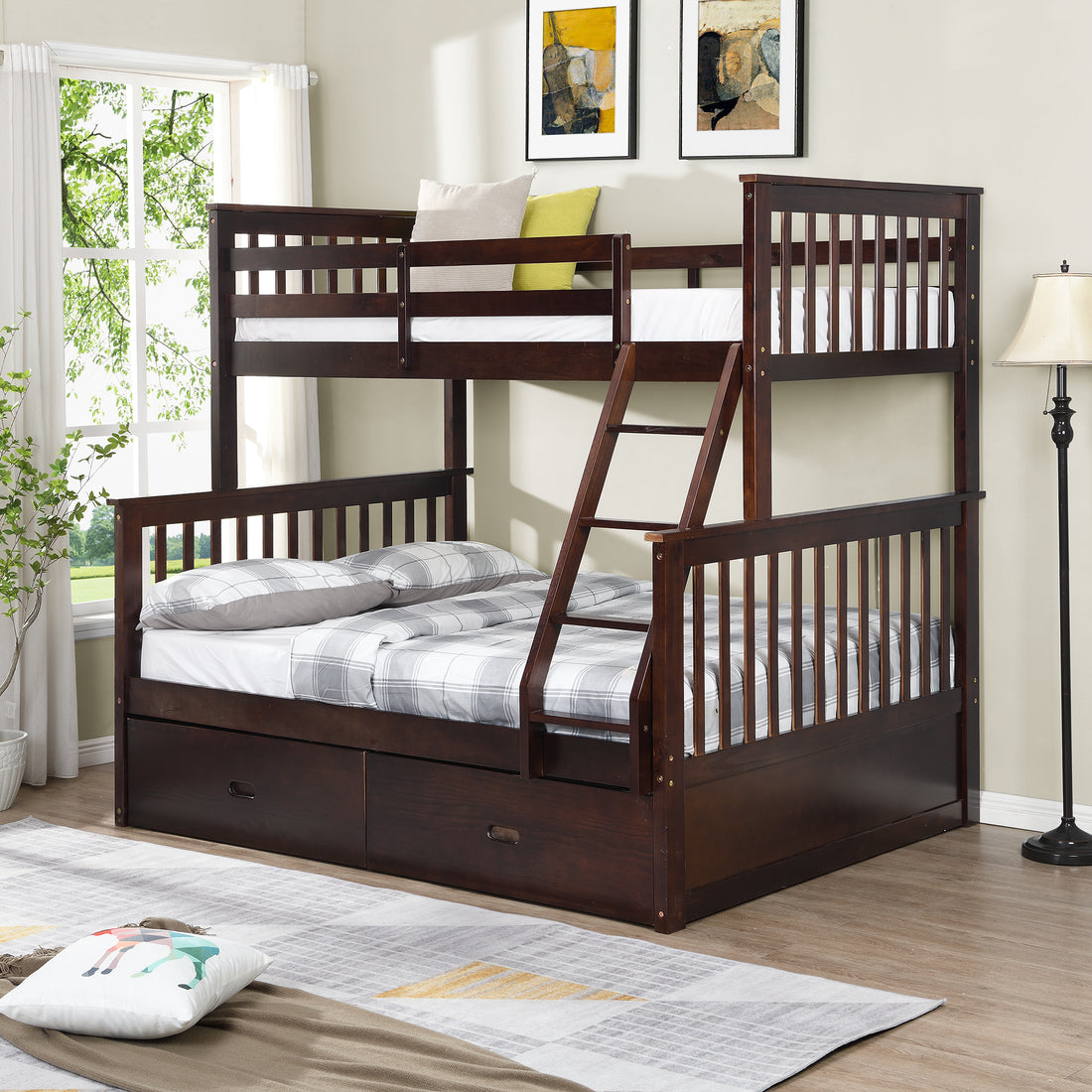Twin Over Full Bunk Bed With Storage Drawers, Wooden Bunk Bed With Ladder And Safety Guard Rails Espresso Full Espresso Wood