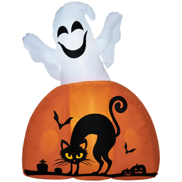 Homcom 5Ft Halloween Inflatables Outdoor Decorations Ghost With Pumpkin, Outdoor Blow Up Yard Decor With Led Lights For Garden, Lawn, Party, Holiday White Polyester