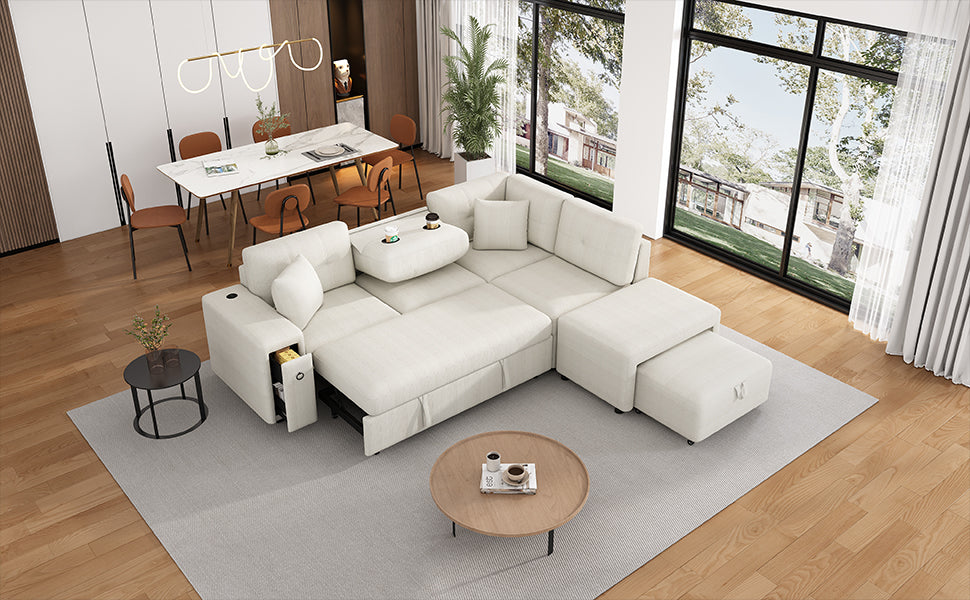 86.6" Sectional Sofa L Shaped Sofa Couch Pull Out Sofa Bed With A Movable Ottoman, Two Usb Ports And Two Cup Holders For Living Room, Beige Beige Foam Chenille 4 Seat