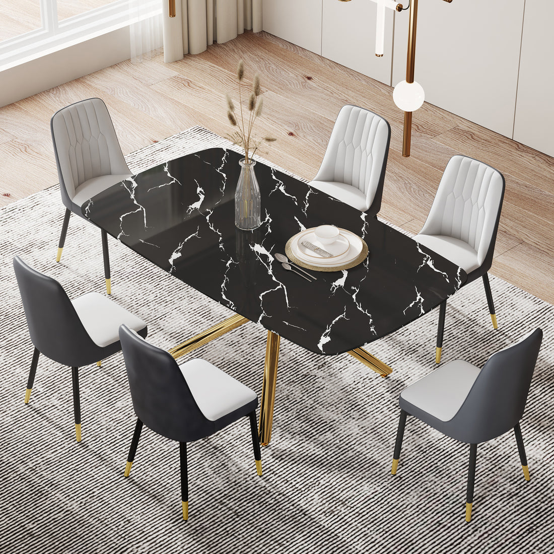 Large Modern Minimalist Rectangular Dining Table With 0.39 "Imitation Marble Black Tabletop And Golden Metal Legs, Paired With Chairs With Pu Cushions And Black Metal Legs. F 1537 C 007 Black Gold Glass Metal