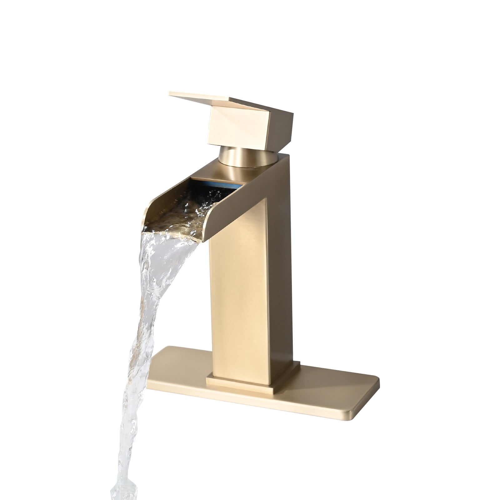 Waterfall Bathroom Faucet Brushed Gold Single Handle Bathroom Sink Faucets 1 Or 3 Hole Solid Vanity Faucet With Deck Plate & Overflow Pop Up Drain Brushed Gold One Brushed Gold Deck Mounted Bathroom Gold Stainless Steel