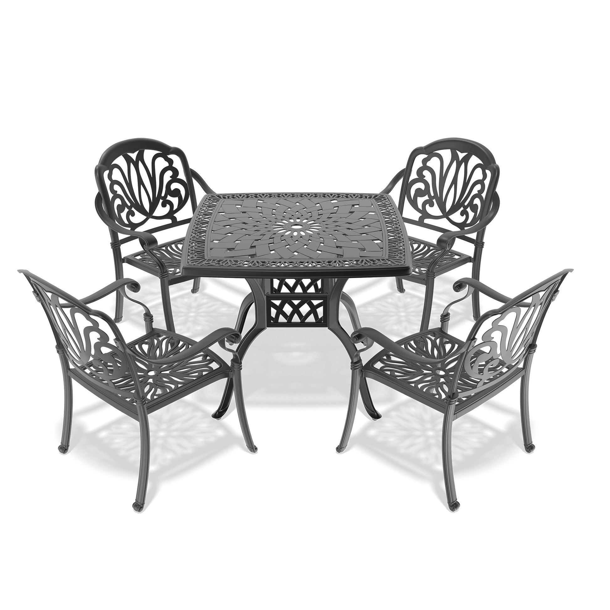 Cushions In Random Colors 5 Piece Set Of Cast Aluminum Patio Furniture With Cushions Yes Dining Set Black Seats 4 Rust Resistant Frame Water Resistant Cushion Garden & Outdoor Complete Patio Sets Aluminium