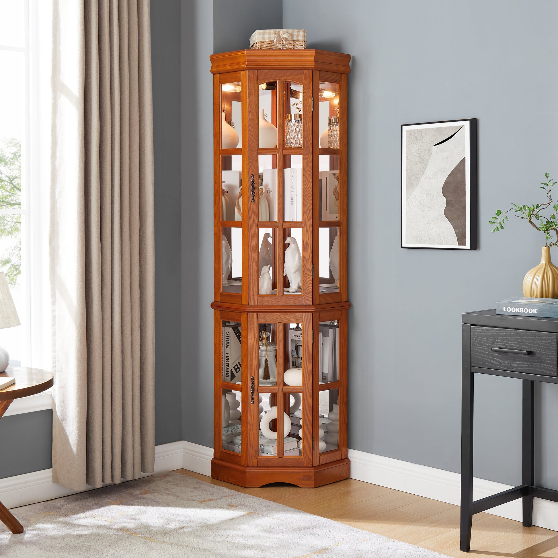 Corner Curio Cabinet With 5 Shelves And Lighting System, Oak E26 Light Bulb Not Included Oak Mdf