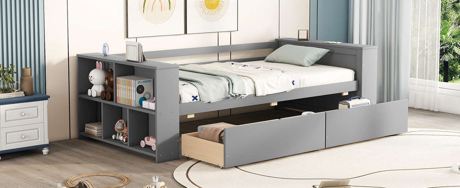 Twin Size Daybed With Shelves And Drawers, Gray Twin Gray Pine