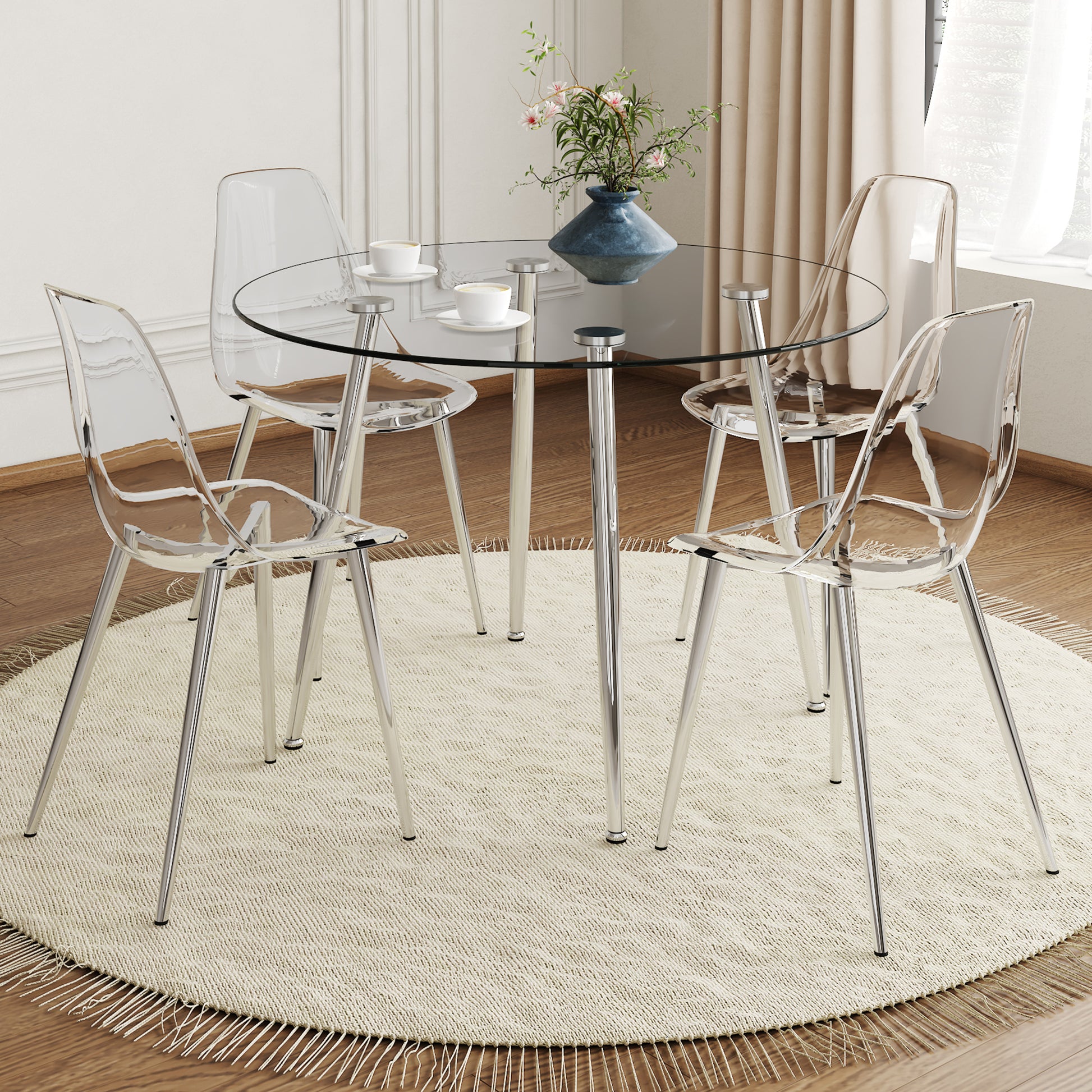 Table And Chair Set.A Modern Minimalist Round Dining Table With Transparent Tempered Glass Top And Silver Metal Legs,Paired With 4 Multiple Transparent High Quality Pet Dining Chairs With Silver Legs. Silver,Transparent Seats 4 Glass Metal