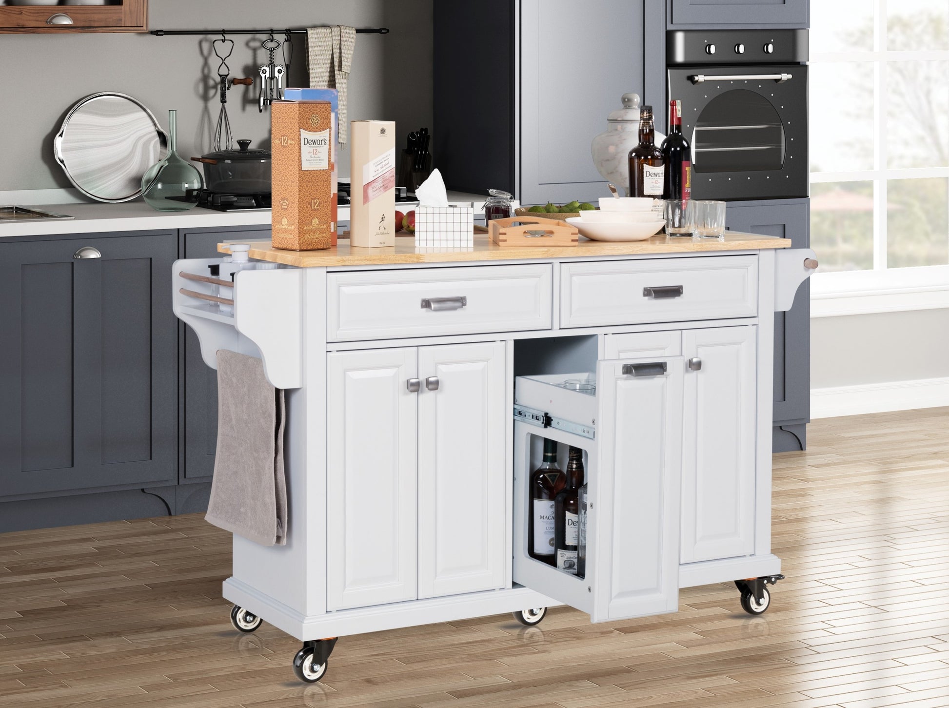 Kitchen Island With Rubber Wood Countertop, Kitchen Cart On 5 Wheels With Storage Cabinet And 2 Top Drawers And A Center Double Layered Storage Drawer For Dinning Room, White White Dining Room Rectangular Rubberwood Solid Wood Mdf Large 56 In