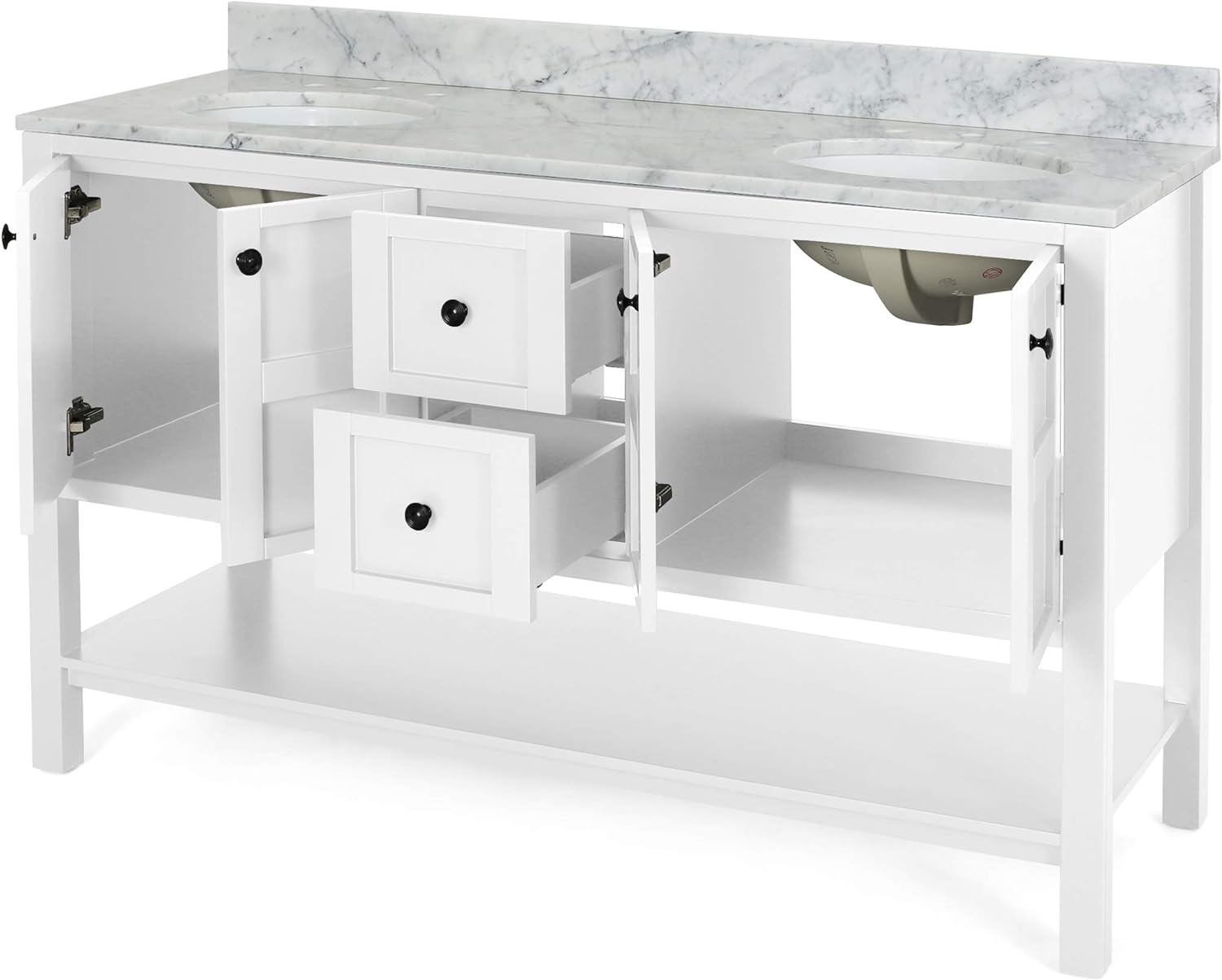 61'' Bathroom Vanity With Marble Top & Double Ceramic Sinks, 4 Doors, 2 Drawers, Open Shelf, White White Mdf