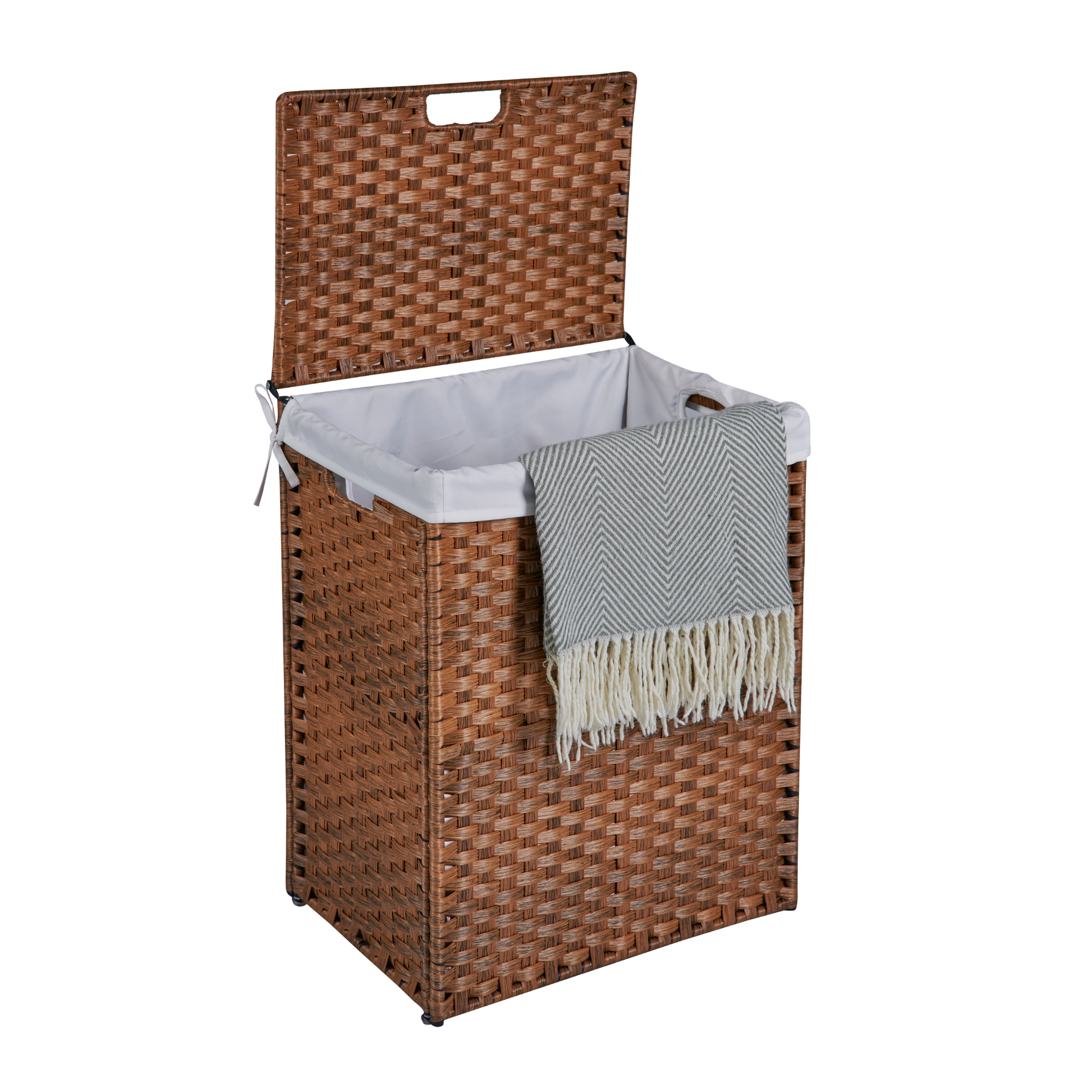 Laundry Hamper With Lid Pe Rattan Powder Coating Frame Clothes Hampers With 02 Removable Bags, 100L, Brown Color 1 Brown Foldable Bathroom American Design,American Traditional Wicker