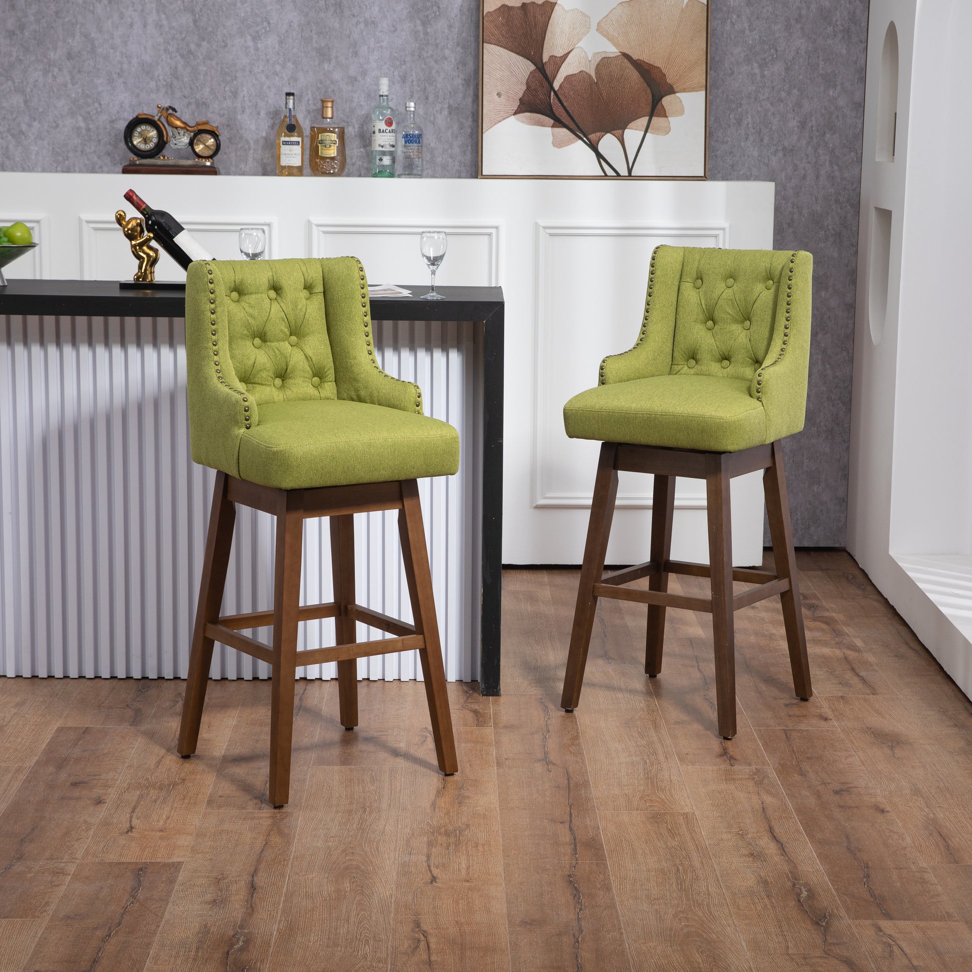 Coolmore Bar Stools Set Of 2 Counter Height Chairs With Footrest For Kitchen, Dining Room And 360 Degree Solid Wood Legs Swivel Bar Stools Set Of 2 Olive Linen Olive Foam Linen