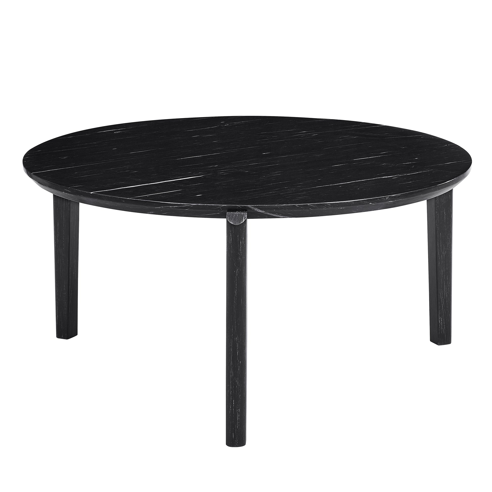 Living Room Coffee Table: Modern And Stylish 36 Inch Round Small Coffee Table, Imitation Marble Tabletop With Rubber Wood Solid Wood Legs, Wooden Coffee Table, Living Room, Office, Home Black Solid