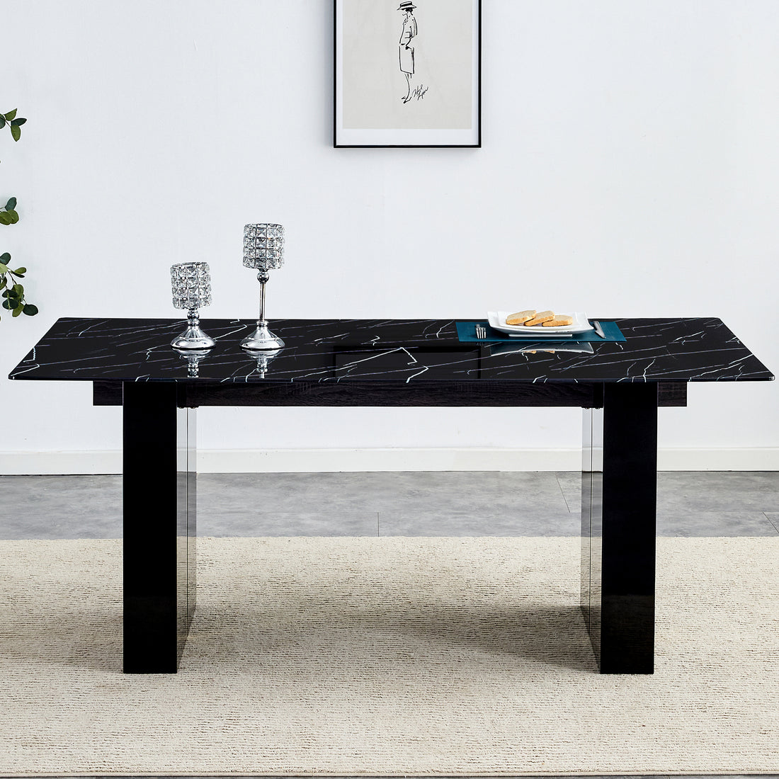 Large Modern Rectangular Table With 0.39 "Black Patterned Top And Large Mdf Legs, Suitable For Kitchen, Dining And Living Room 71" * 35.4 "* 30" 1546 Black Mdf Glass