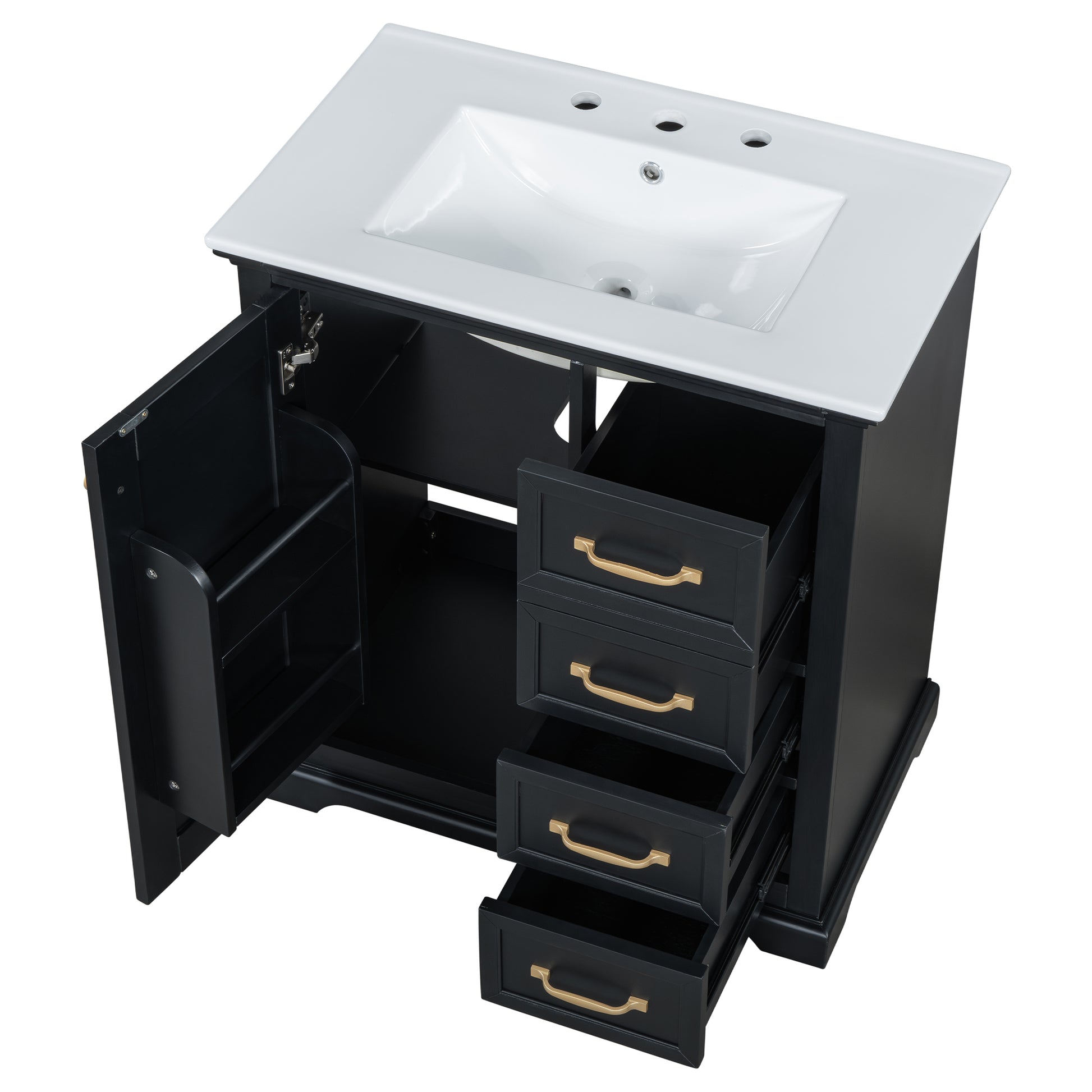 30" Bathroom Vanity With Sink, One Package, Black Bathroom Cabinet With Drawers, Solid Frame And Mdf Board Black Solid Wood Mdf
