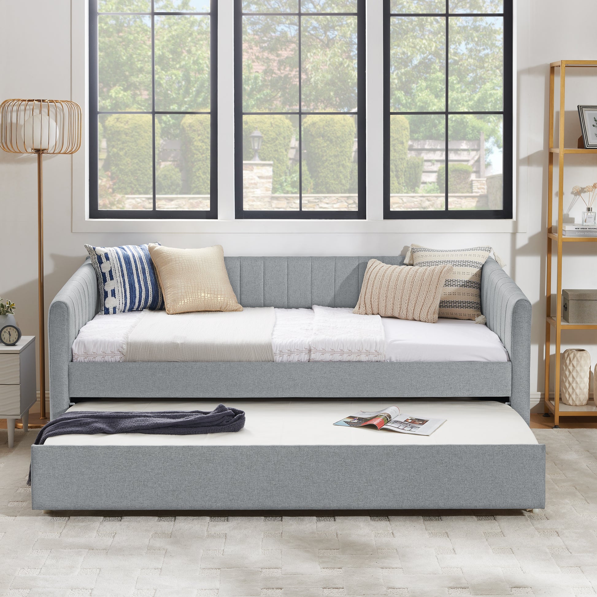 Twin Size Daybed With Trundle Upholstered Sofa Bed, With Vertical Stripes, Linen Fabric, Grey 82.5"X43"X30" Twin Grey Bedroom Contemporary,Minimalist Linen