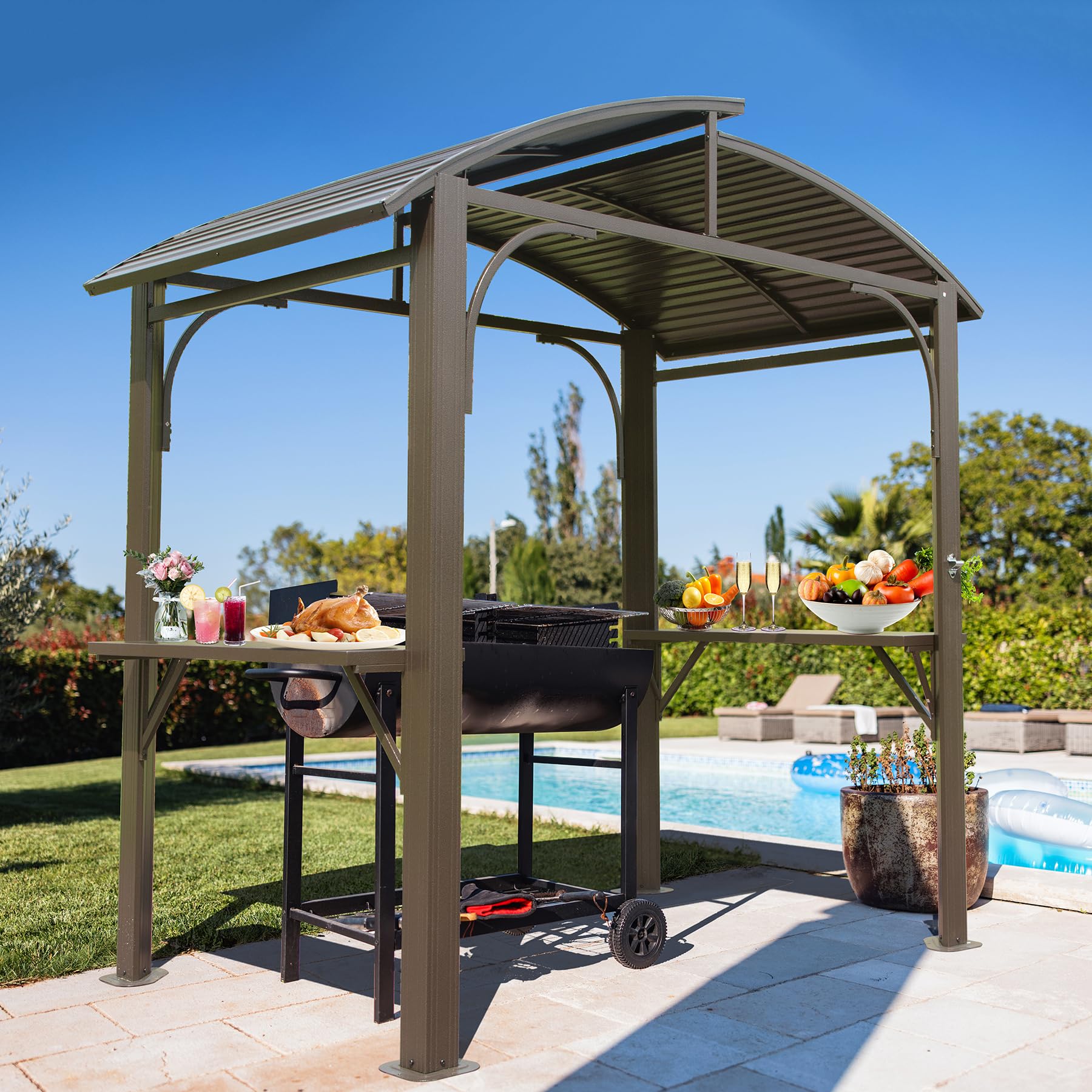 8X5Ft Arc Roof, Grill Canopy For Outdoor Grill W Double Galvanized Steel Roof And 2 Side Shelves, Bbq Gazebo Grill Tent For Patio Garden Backyard, Brown Brown Garden & Outdoor Uv Resistant Metal