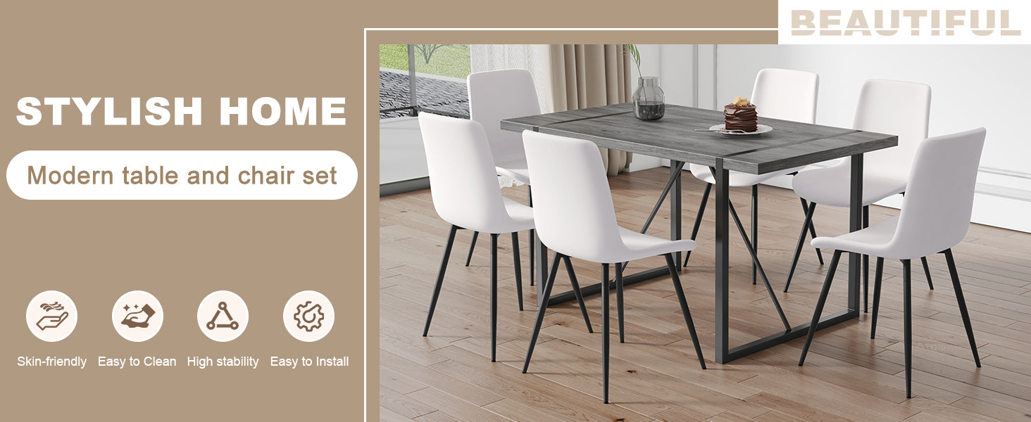 Table And Chair Set, Textured Top In Vintage Retro Grey Wood Grain Desktop, Black Metal Legs. Dining Chair With White Faux Leather Backrest Cushion With Black Metal Legs. Gray,Wood Seats 6 Mdf Metal