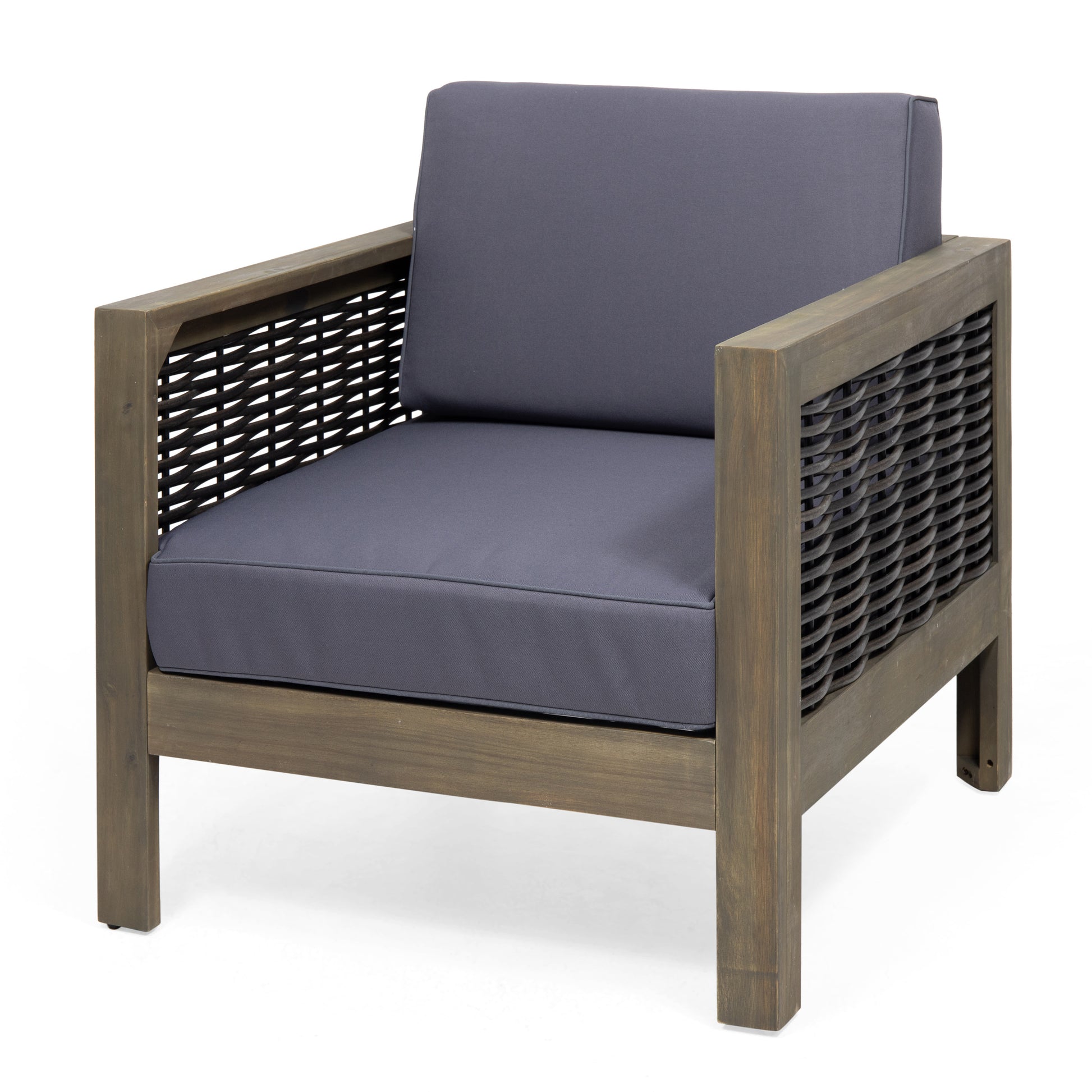 Set Of 2, Outdoor Acacia Wood Club Chair With Wicker Accents, Gray Mixed Gray Brown, 30.25"D X 27.5"W X 23.75"H Gray Acacia Wood