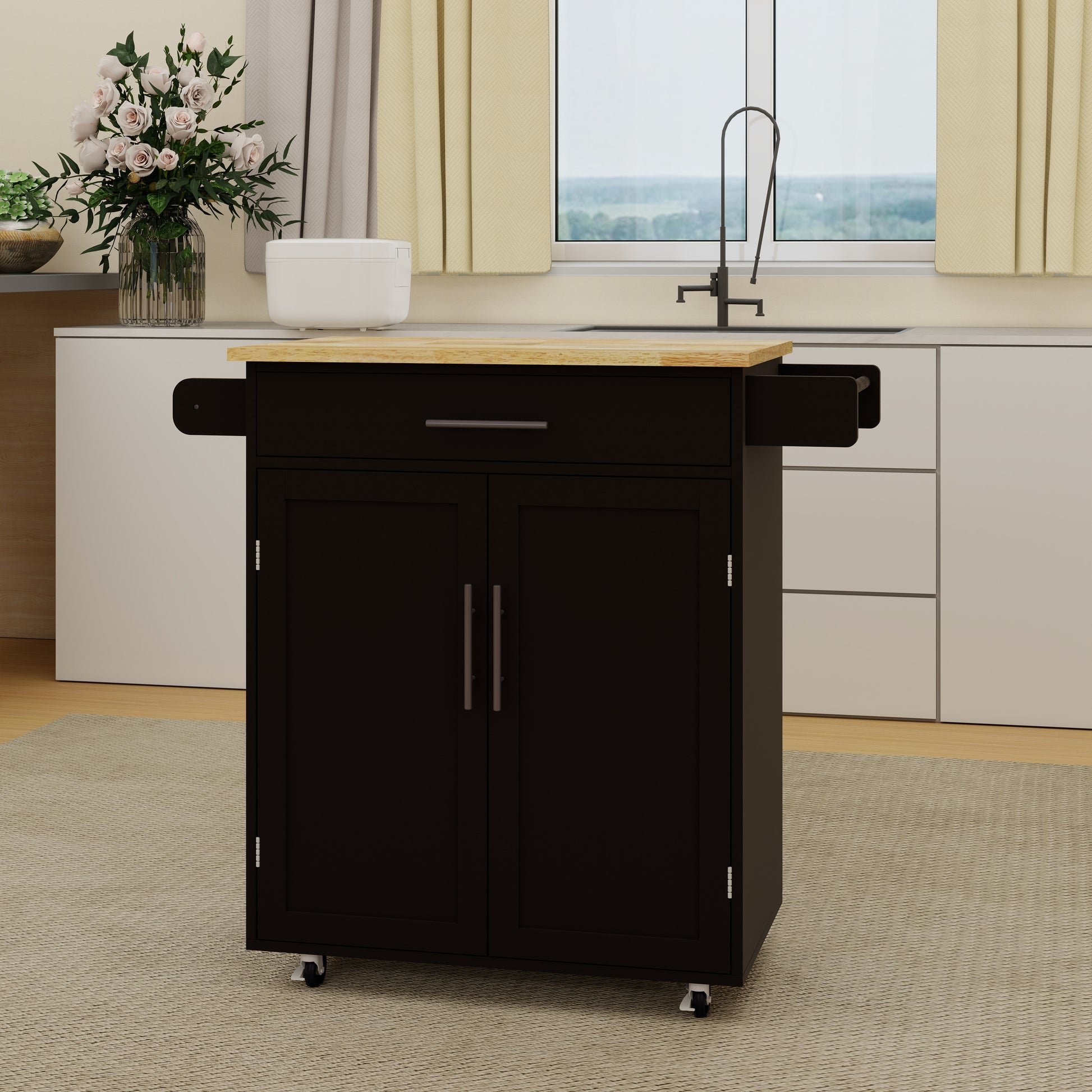 Kitchen Island Rolling Trolley Cart With 1 Drawer & 2 Doors With Adjustable Shelves & Towel Rack & Seasoning Rack Rubber Wood Table Top Black Black Mdf