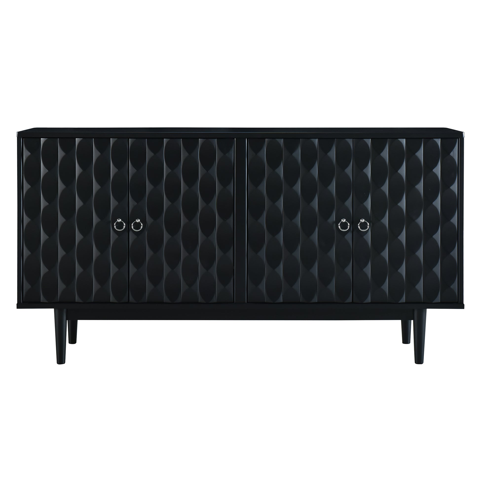 Modern 4 Door Sideboard With Convex Pattern Doors And 2 Silver Handle For Living Room, Dining Room, Kitchen Black Black Mdf