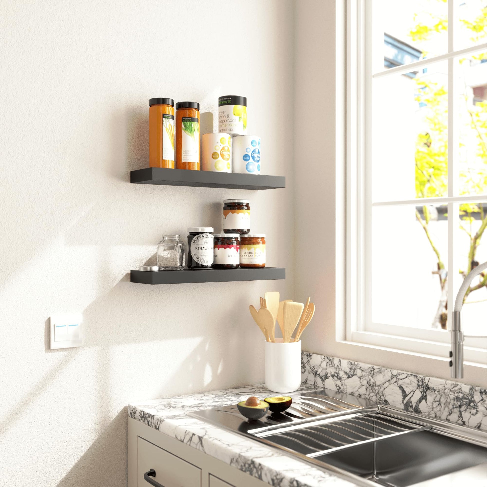 Black Floating Shelves Set Of 2, Wall Mounted Small Shelves For Room Black Engineered Wood