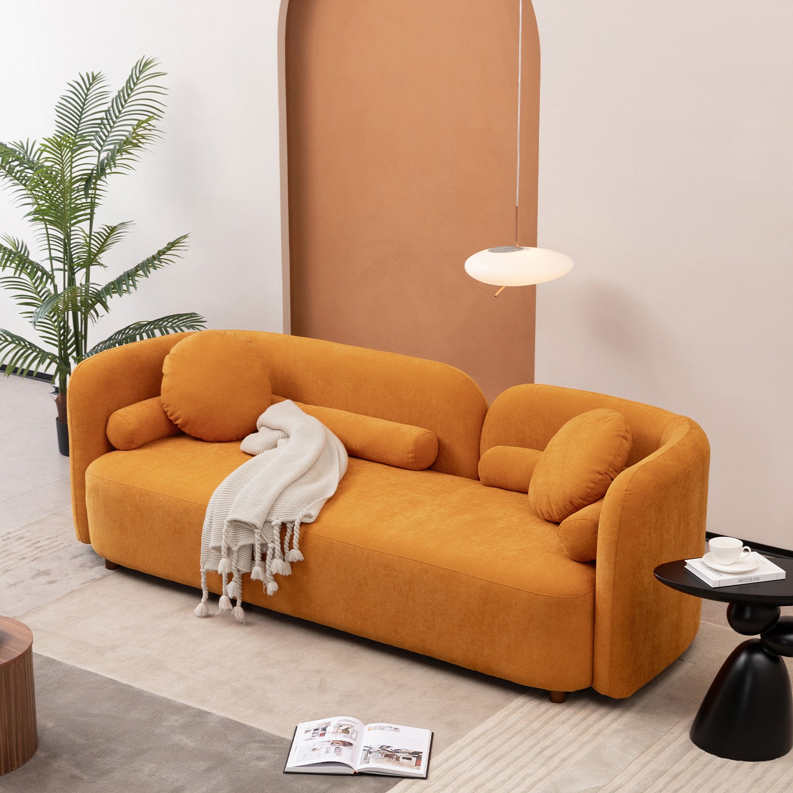 Luxury Modern Couch For Living Room, Chenille Upholstered Comfy Couch For Apartment Home Office, 3 Seater Orange Brown Chenille Wood Primary Living Space Minimalist Eucalyptus Foam Fabric 3 Seat