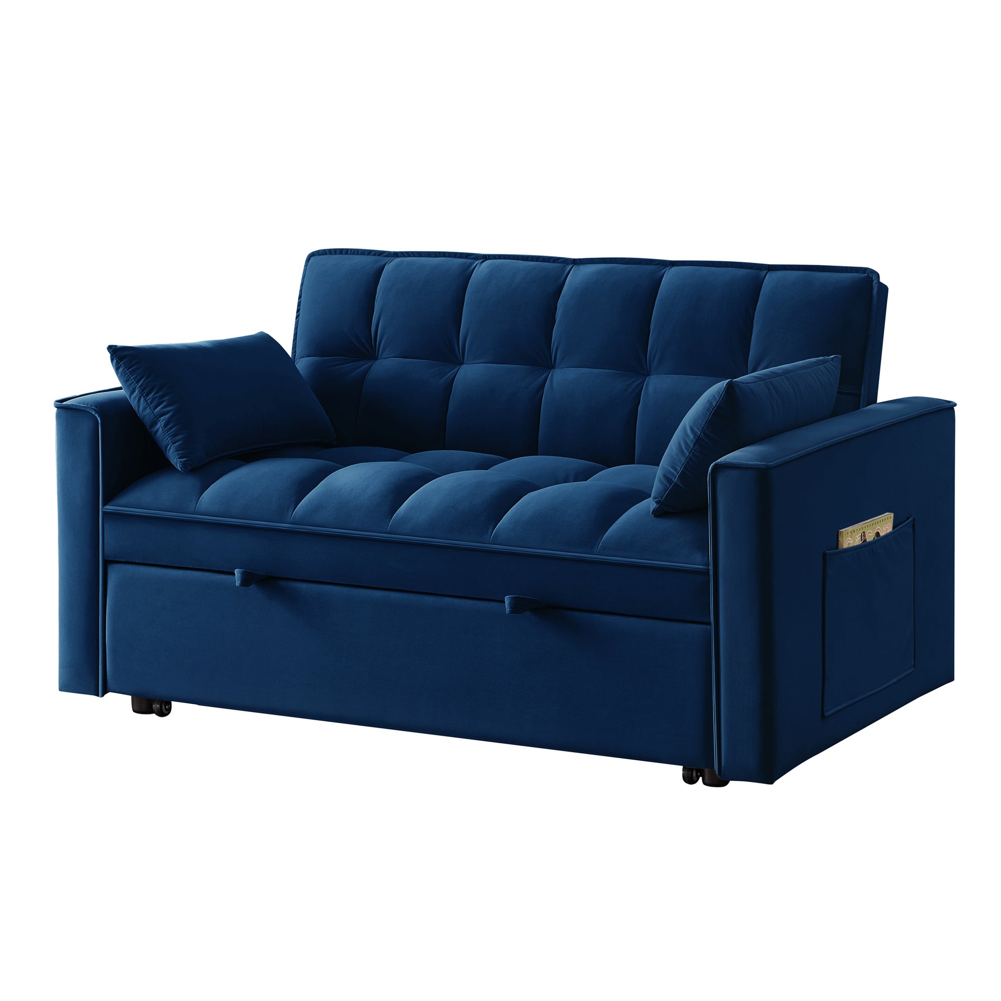 4 In1 Loveseat Sofa Bed With Armrests & Storage Pockets, Multi Function Tufted Pull Out Sofa Bed With Adjustable Backrest And Pillows, Convertible Loveseat Sofa Couch, Navy Navy Velvet Primary Living Space Medium Soft Tufted Back American