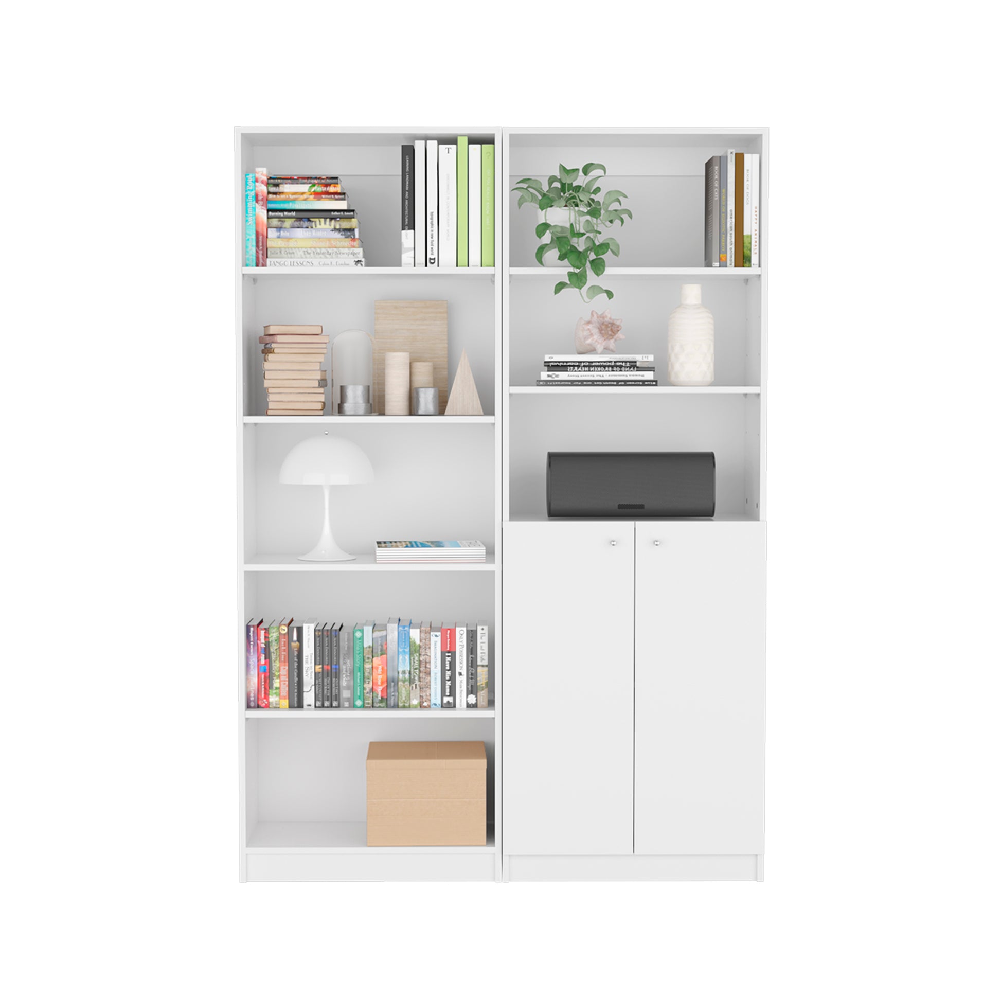 Layton 2 Piece Home Bookcase Set, 49" Wide With 8 Shelves And Double Door Cabinet, Living Room Set White Freestanding 5 Or More Shelves Matte White Office Adjustable Shelves Modern Particle Board