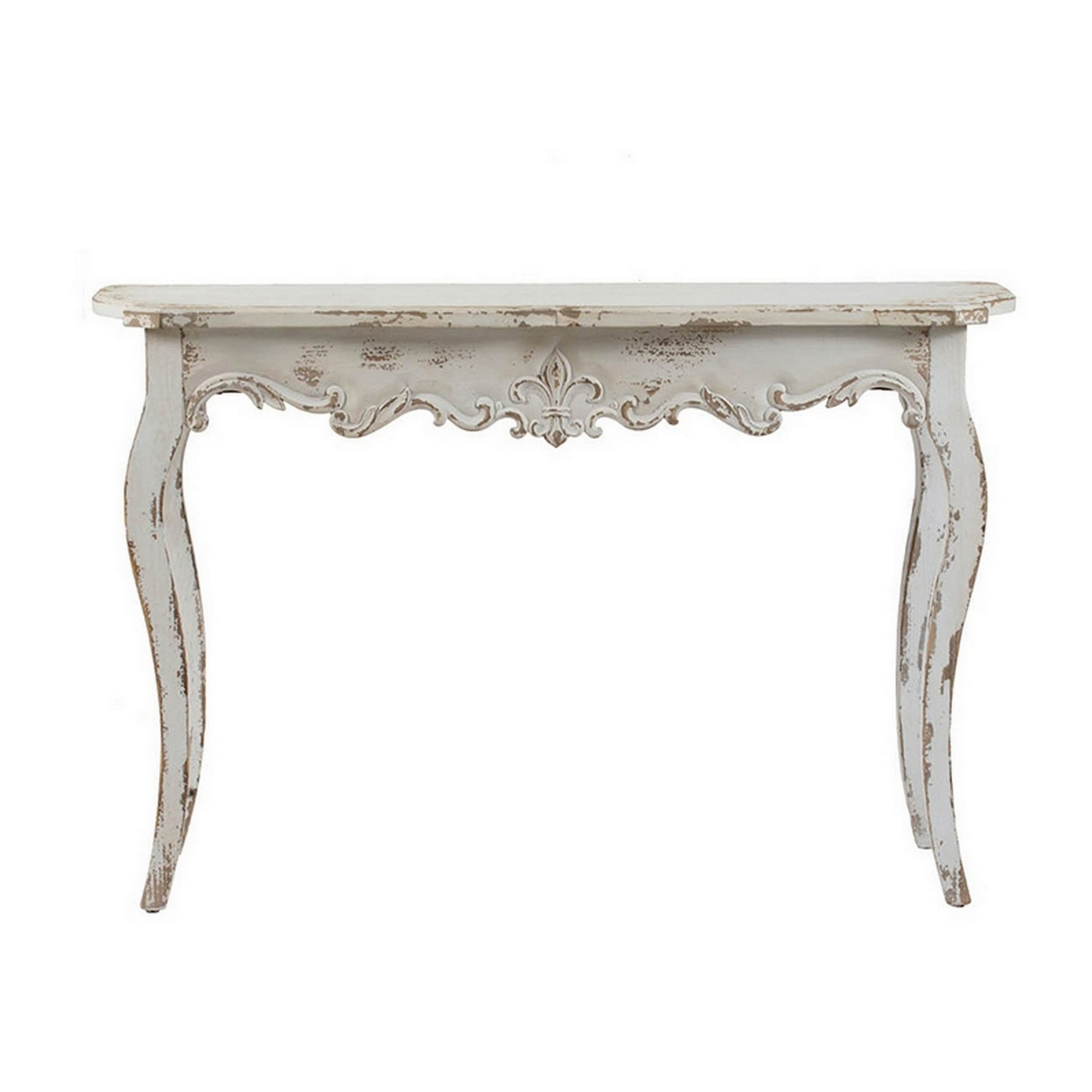 30 Inch Console Table, Fir Wood, Rectangle, Curved Legs, Distressed White White Wood