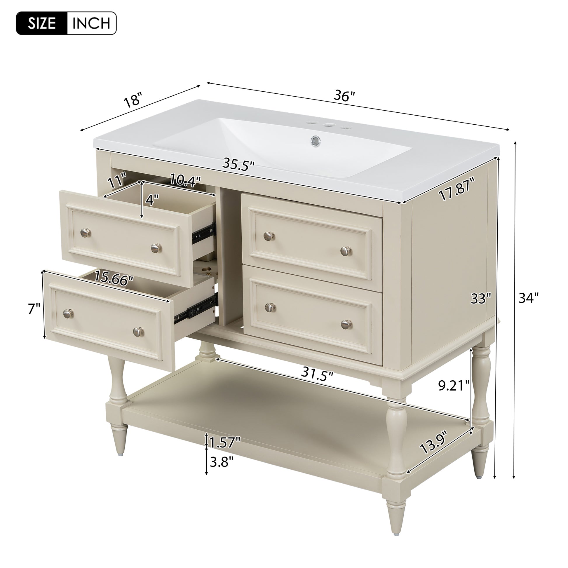 36" Bathroom Vanity Cabinet With Sink Combo Set, Undermount Resin Sink, Free Standing Vanity Set With 4 Drawers, Solid Wood Frame Bathroom Cabinet, Beige 4 Beige 1 Adjustable Hinges Bathroom Freestanding Solid Wood Mdf Resin Painted