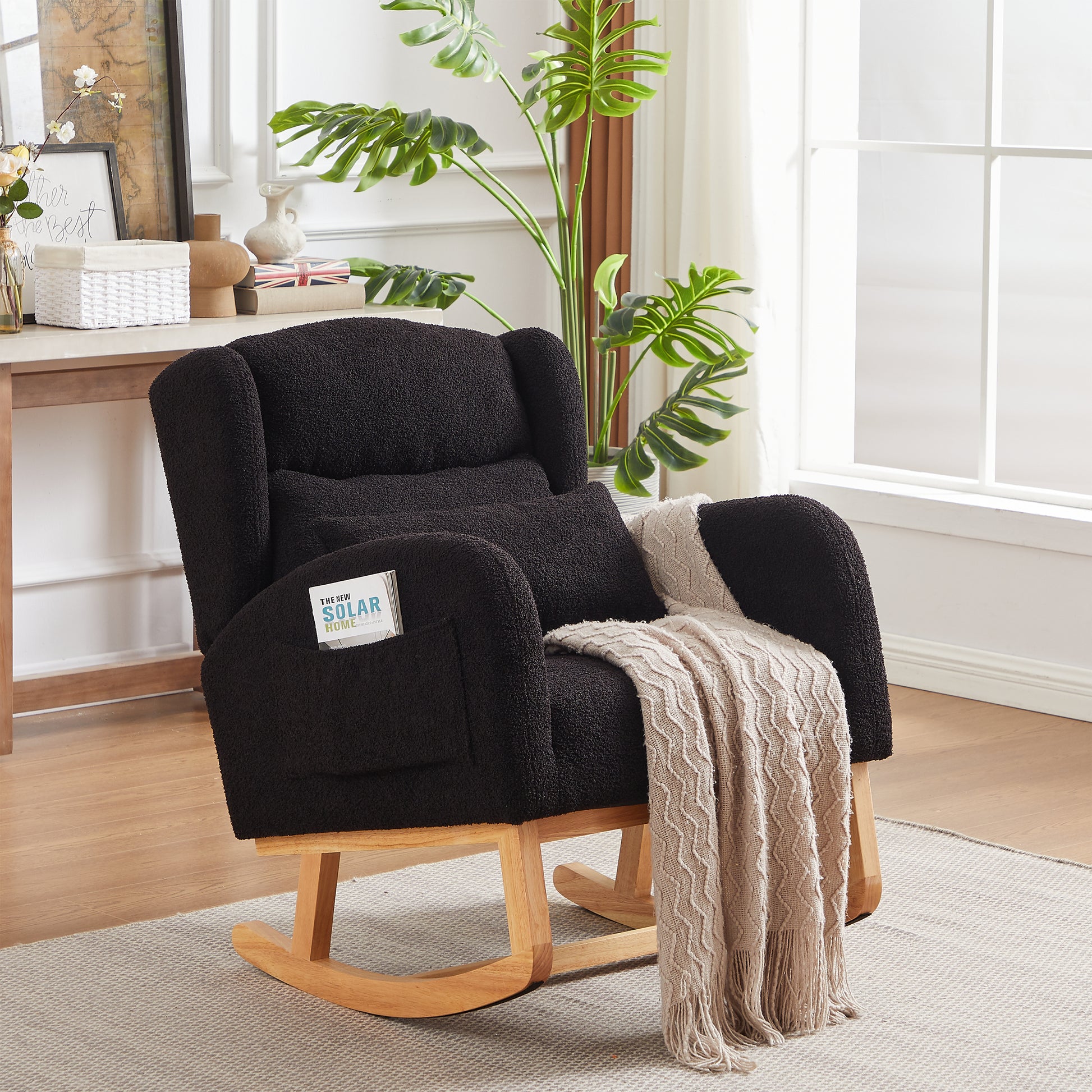 27.2"W Modern Accent High Backrest Living Room Lounge Arm Rocking Chair, Two Side Pocket Black Foam Fabric